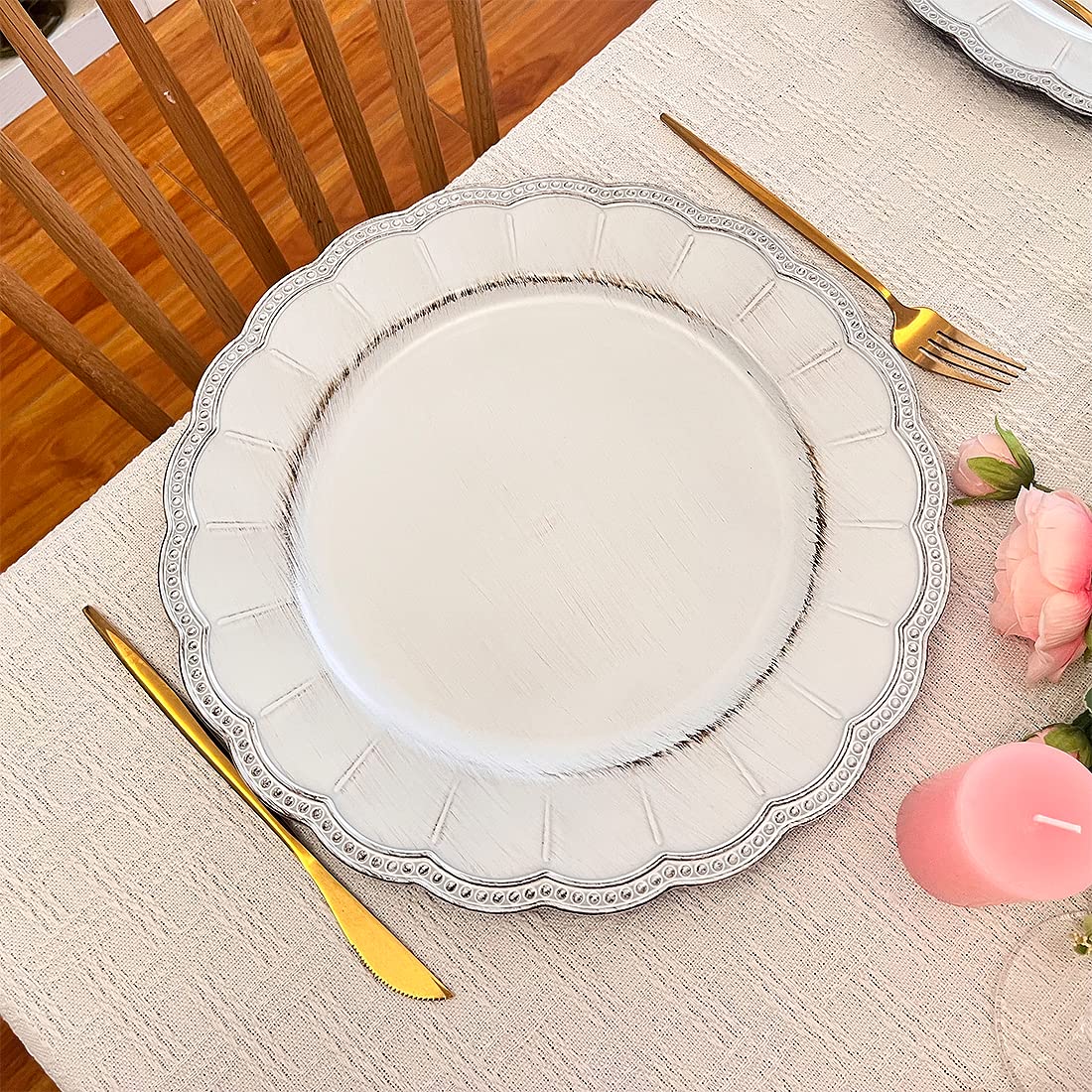 Antique White Charger Plates - 13 Inch Metallic Plastic Dinner Chargers with Beaded Rim for Dining, Weddings & Parties (6-Pack) - Elegant Table Decor for Holiday Gatherings, Bridal Showers & Formal Events
