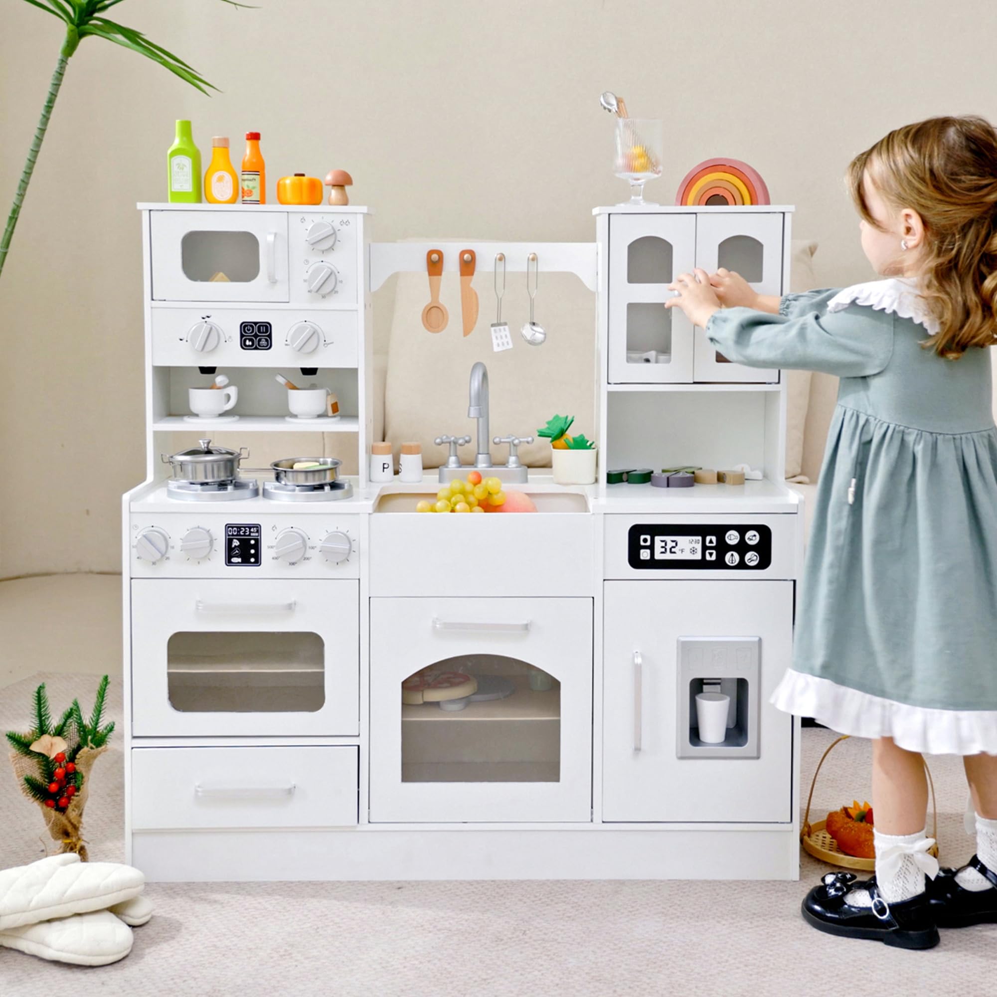 **Realistic Wooden Play Kitchen for Kids - Interactive Pretend Kitchen Toy with Lights, Sounds, Ice Maker, Stove, Sink & 12 Accessories - Educational Toddler Playset for Ages 3-8 - Perfect for Imaginative Play & Role-Playing Games**