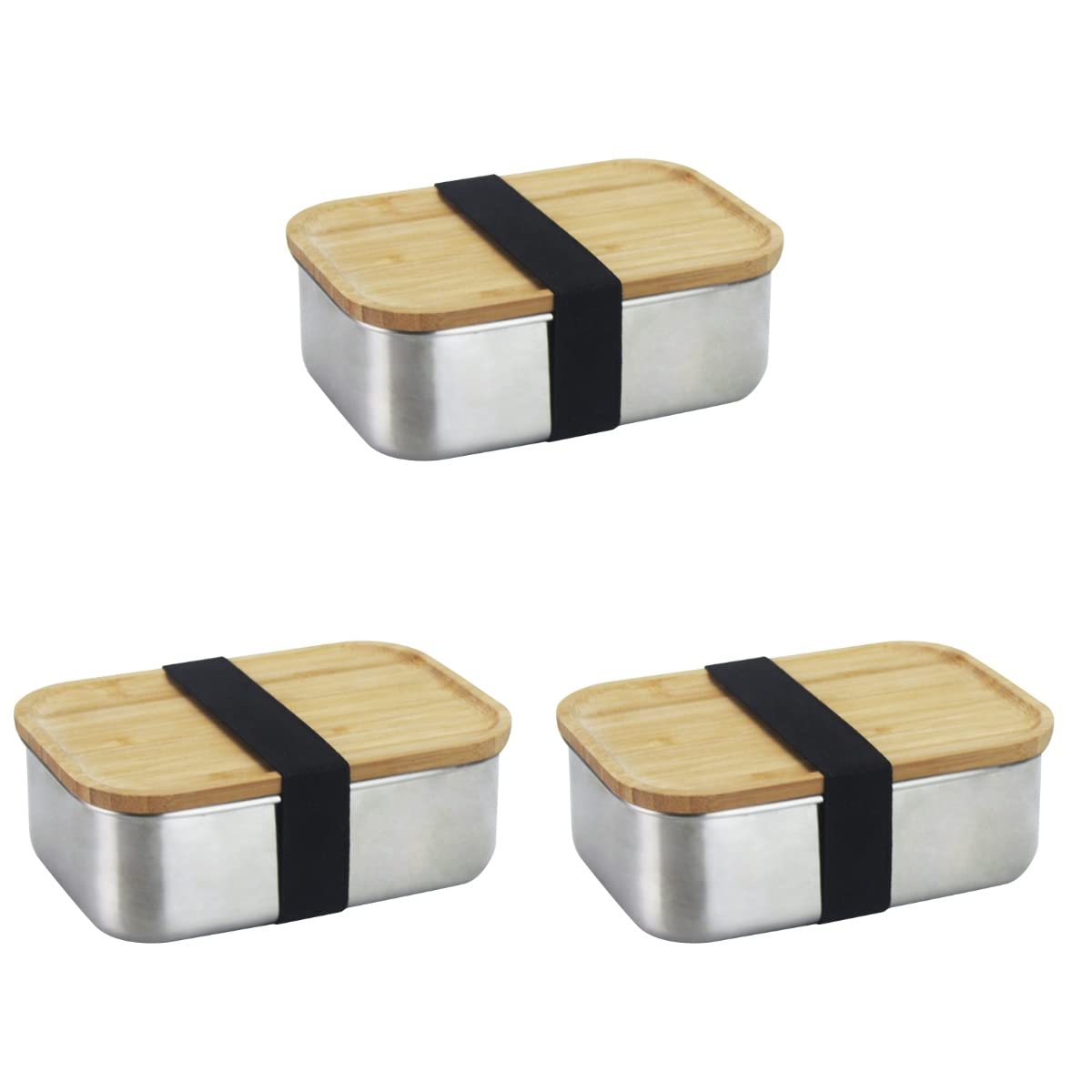 DOITOOL 3-Piece 800ML 304 Stainless Steel Square Lunch Box Set with Wooden Lid - Bento Box for School, Office, Camping & Outdoor Activities - Eco-Friendly Food Container for Meal Prep & Picnics