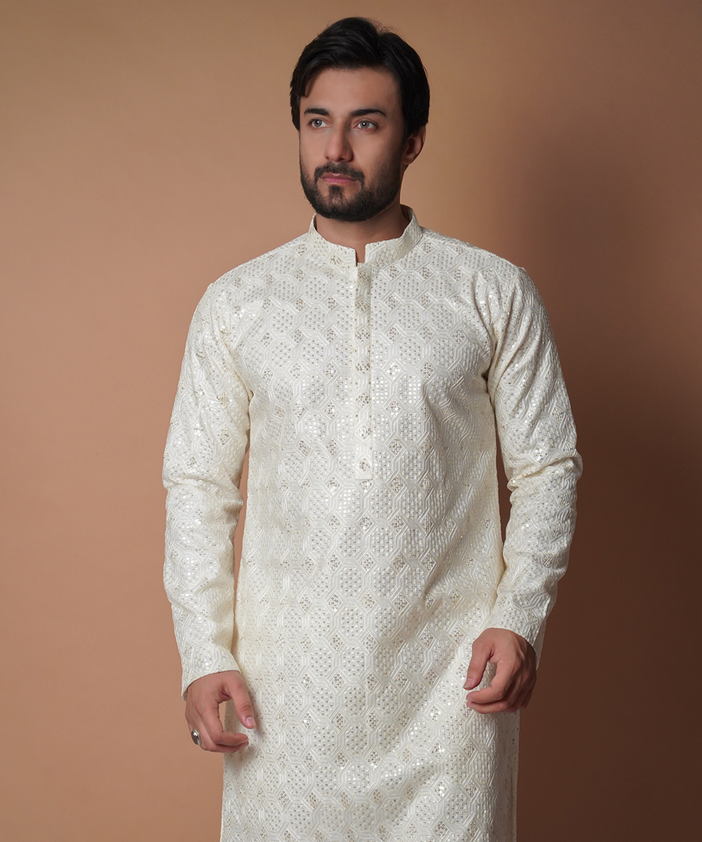 Elegant Ivory Resham Kurta Pants Set for Women - Traditional Indian Ethnic Wear for Festivals, Weddings & Special Occasions