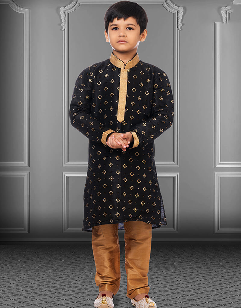 Men's Black Printed Dhupion Silk Kurta Pajama Set | Traditional Indian Ethnic Wear for Festivals & Weddings