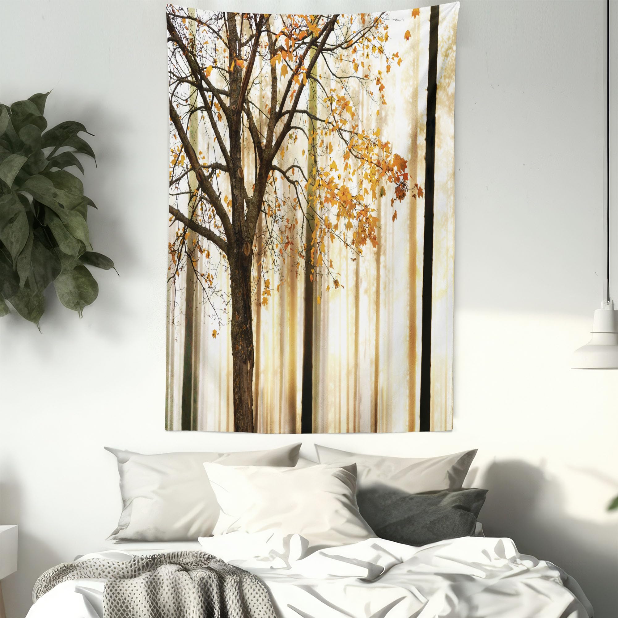 Ambesonne Autumn Tapestry - Queen Size Wall Hanging Bedspread with Abstract Woodland Tree Leaves Print in Orange & Brown | Home Decor for Living Room, Bedroom, Dorm | Cozy Fall Seasonal Decoration