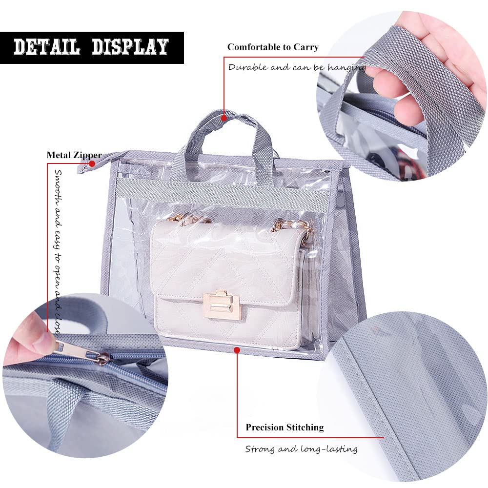 2PCS Clear Non-Woven Dust Bags for Handbags & Purses - Zippered Hanging Storage Organizer with Handle (Medium, Light Grey) - Perfect for Closet Organization & Luxury Bag Protection