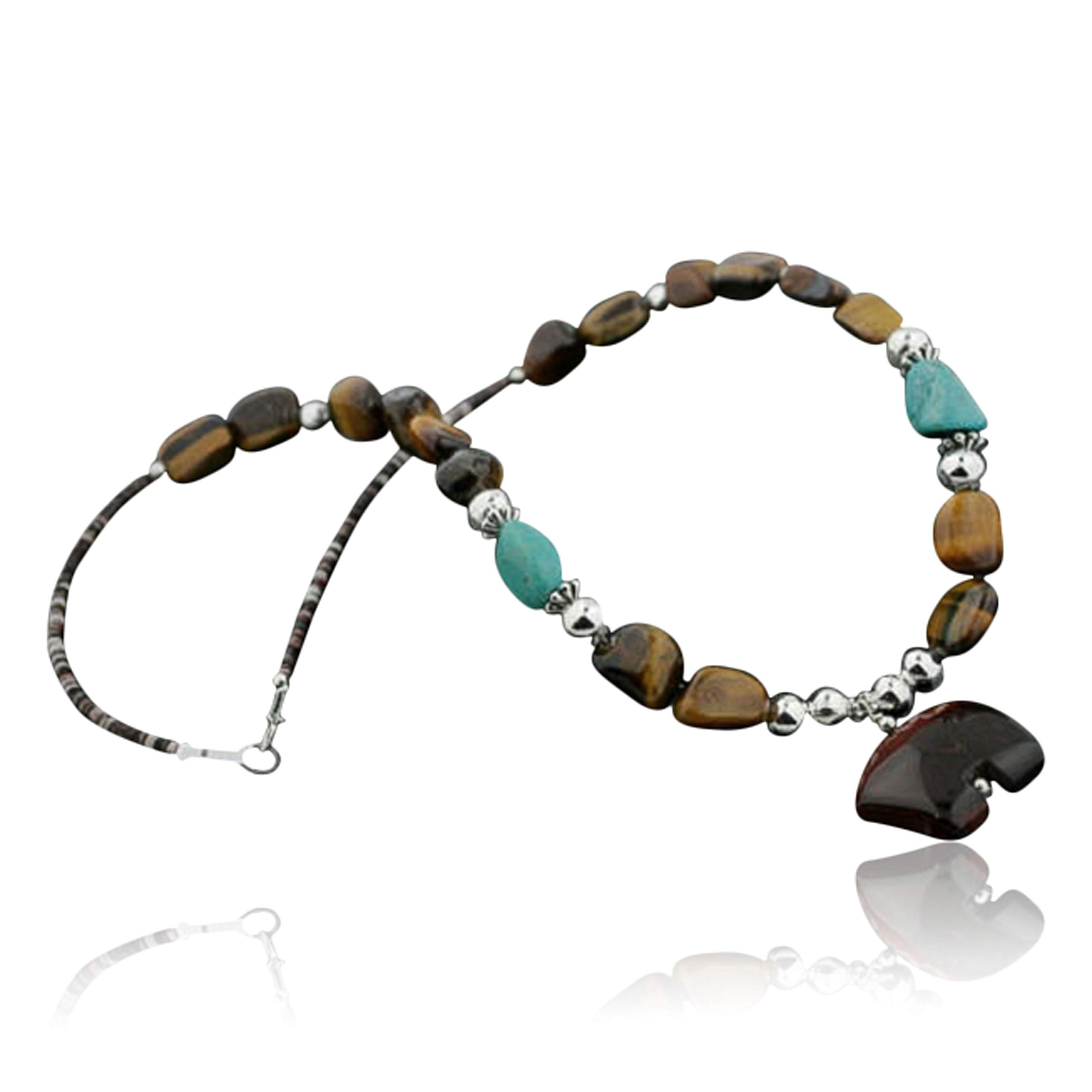 Authentic Navajo Turquoise & Tiger's Eye Sterling Silver Necklace – Handmade by Loma Siiva | Native American Jewelry for Women, Boho Fashion & Spiritual Healing