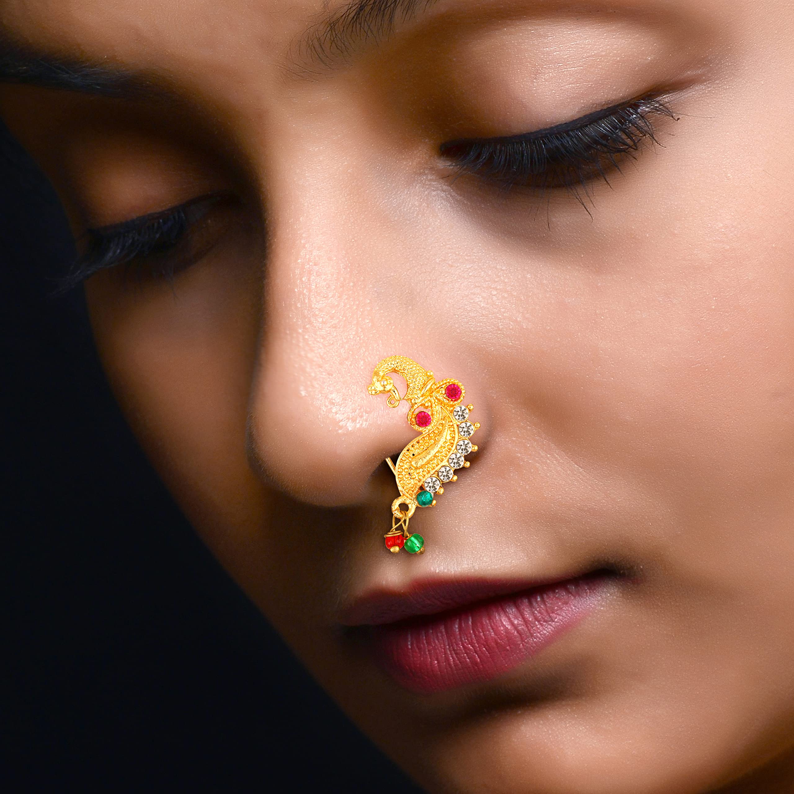 Vighnaharta Gold Plated Peacock Design Nose Ring with Artificial Stones - Traditional Maharashtrian Nath Nathiya Jewelry for Women | Valentine's Day Gift for Her, Wedding Accessory, Indian Cultural Festival Wear [VFJ1233NTH-Press]