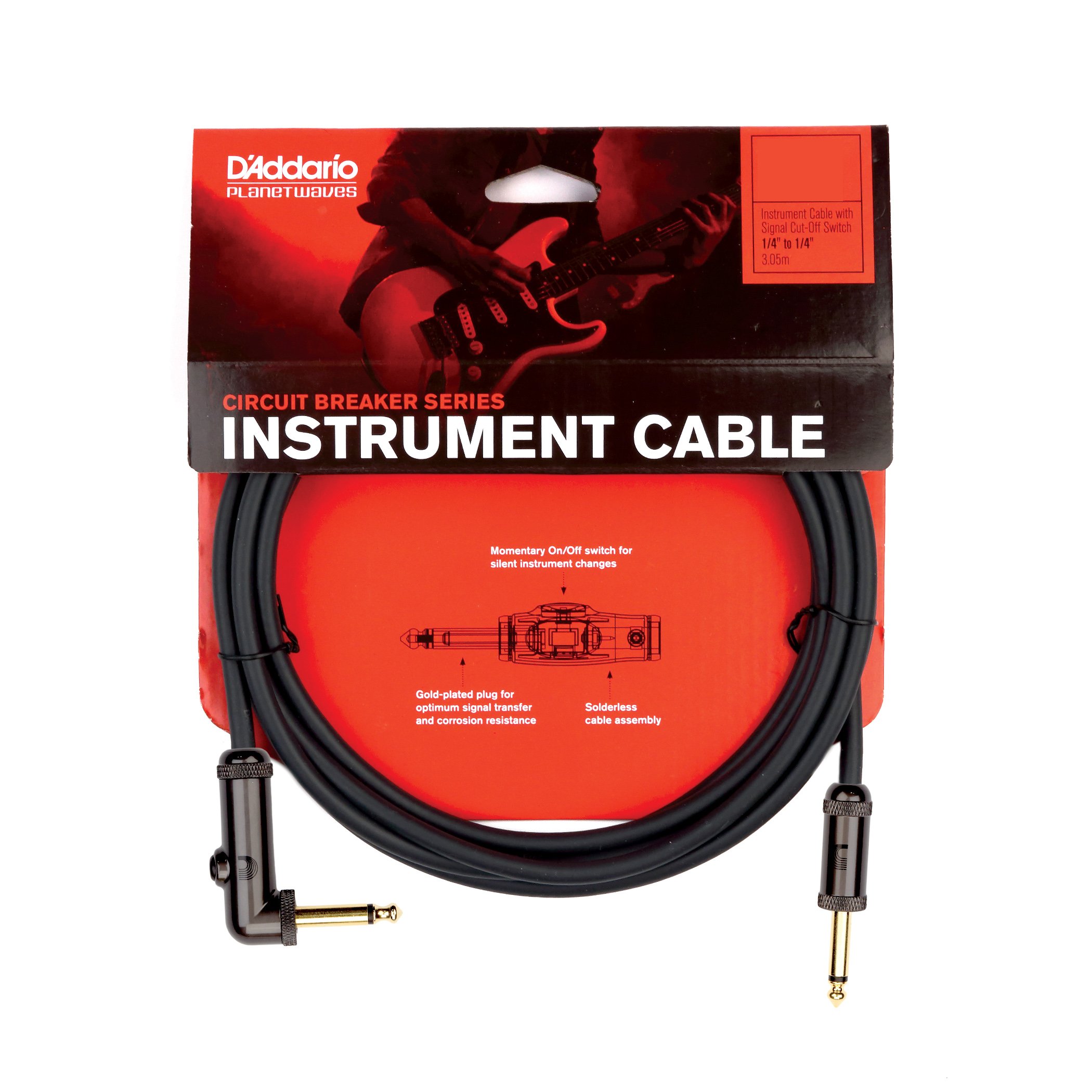 D'Addario Custom Series Circuit Breaker Guitar Cable - 10ft Right Angle 1/4