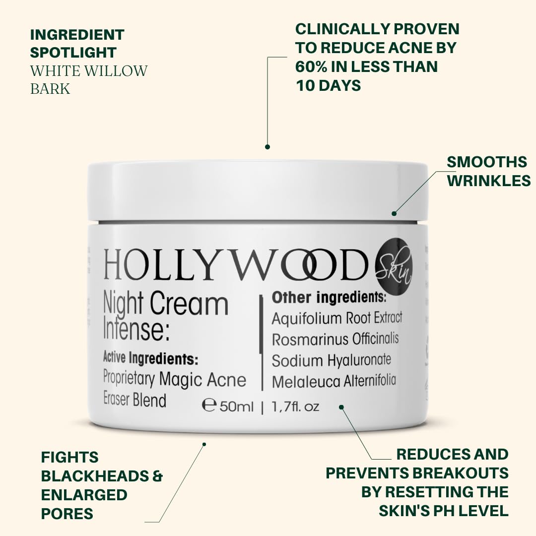 hollywoodskin INTENSE Acne Cream with 2% Salicylic Acid - Overnight Acne Treatment, 400% Stronger Than Regular Acne Creams - 50ml (4 Pack) for Clear Skin - Perfect for Nighttime Use on Face, Back & Body Breakouts