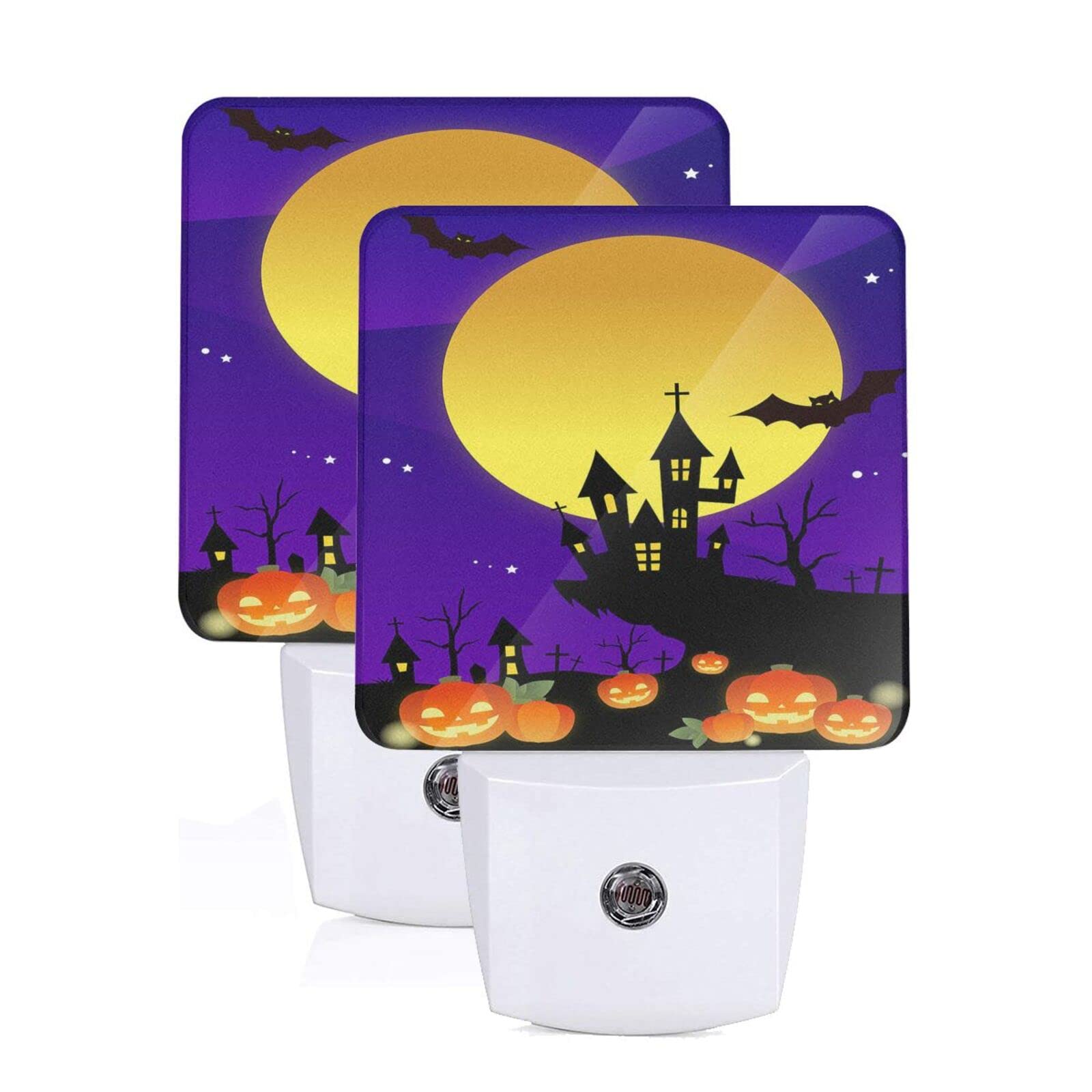 2-Pack Halloween Moon Castle LED Night Light with Auto Dusk to Dawn Sensor - Plug-in Decorative Bedroom Lamp for Kids & Adults - Perfect for Nursery, Halloween Decor, and Nighttime Safety