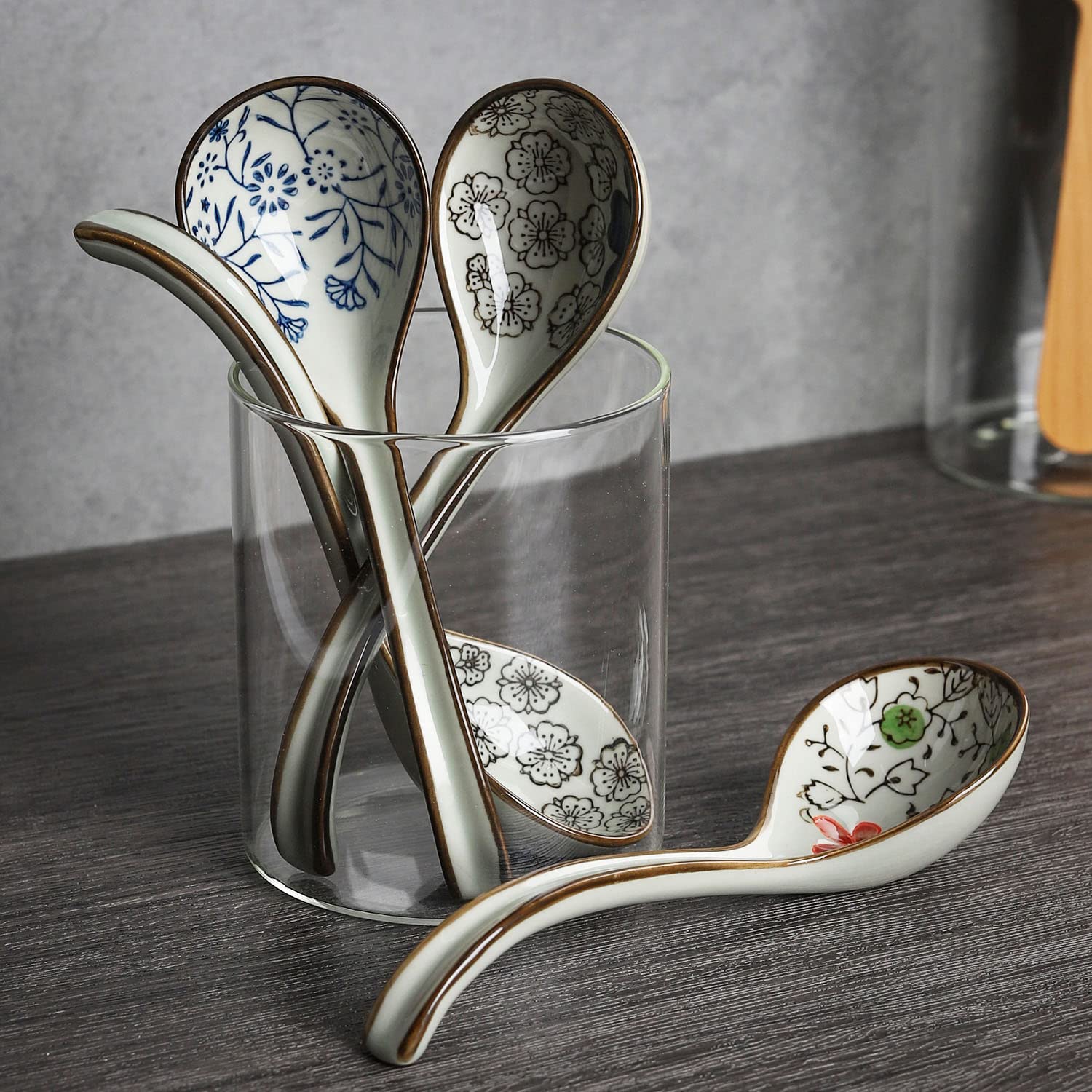 Premium Japanese Ceramic Soup Spoons Set of 4 - Long Handle Porcelain Asian Soup Spoons for Pho, Ramen, Noodles, Wonton & Dumplings - Ideal for Asian Cuisine, Restaurants & Home Dining (Model 2)