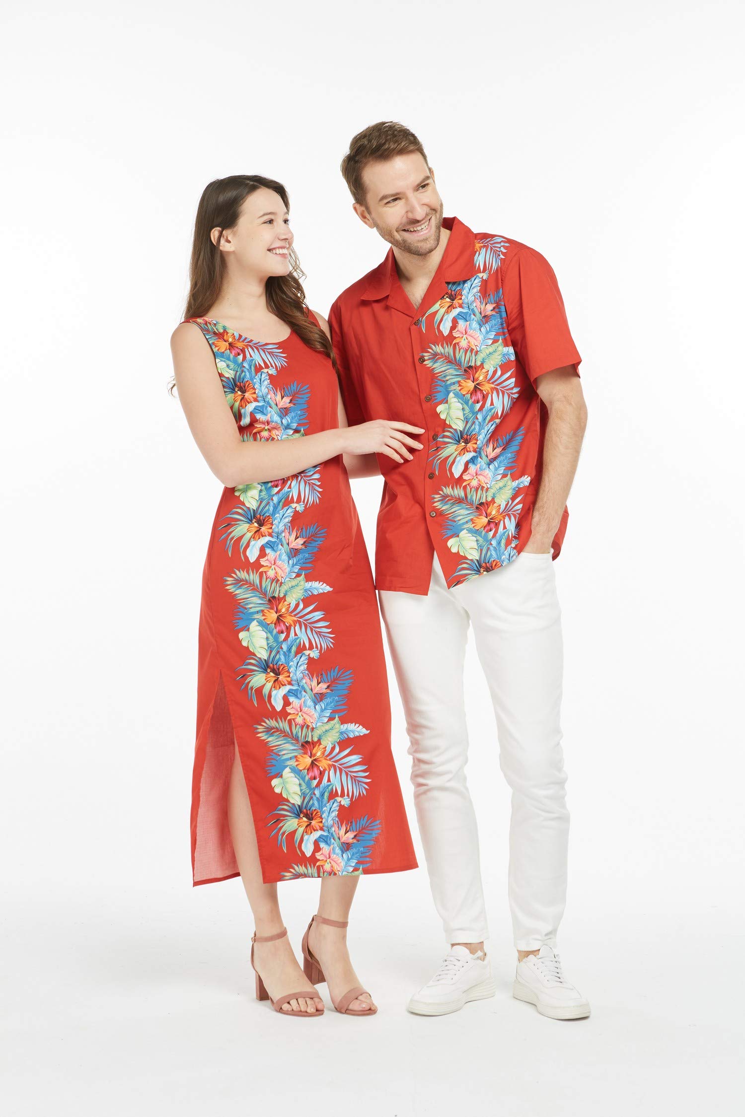 Hawaiian Couple Matching Luau Aloha Shirt & Maxi Tank Dress Set - Orchid Paradise Navy Print - Tropical Beach Vacation Outfits for Summer, Honeymoon, and Hawaiian Theme Parties