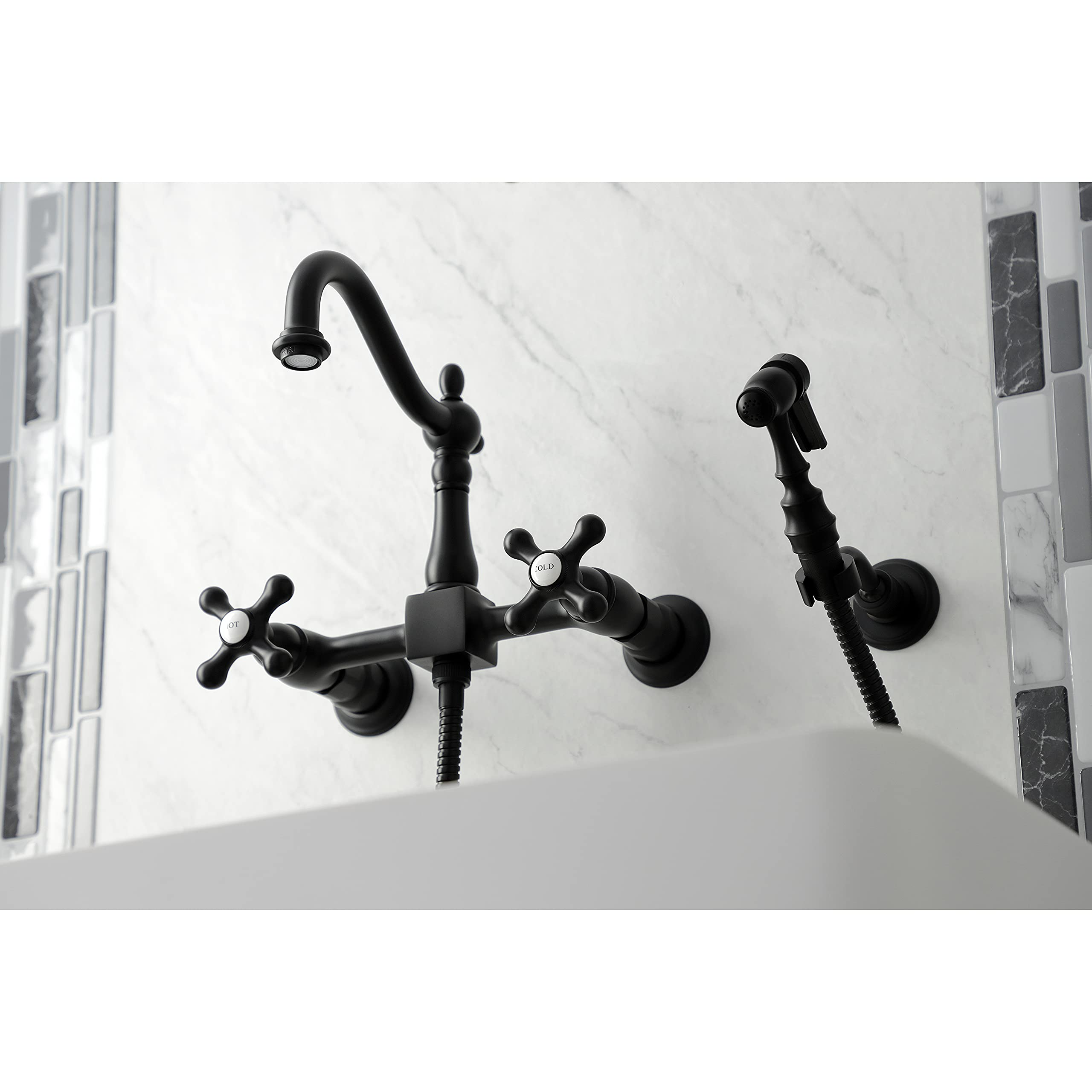 Kingston Brass KS1260AXBS Heritage Bridge Kitchen Faucet in Matte Black - High Arc Pull-Down Sprayer for Modern Farmhouse & Vintage Style Kitchens