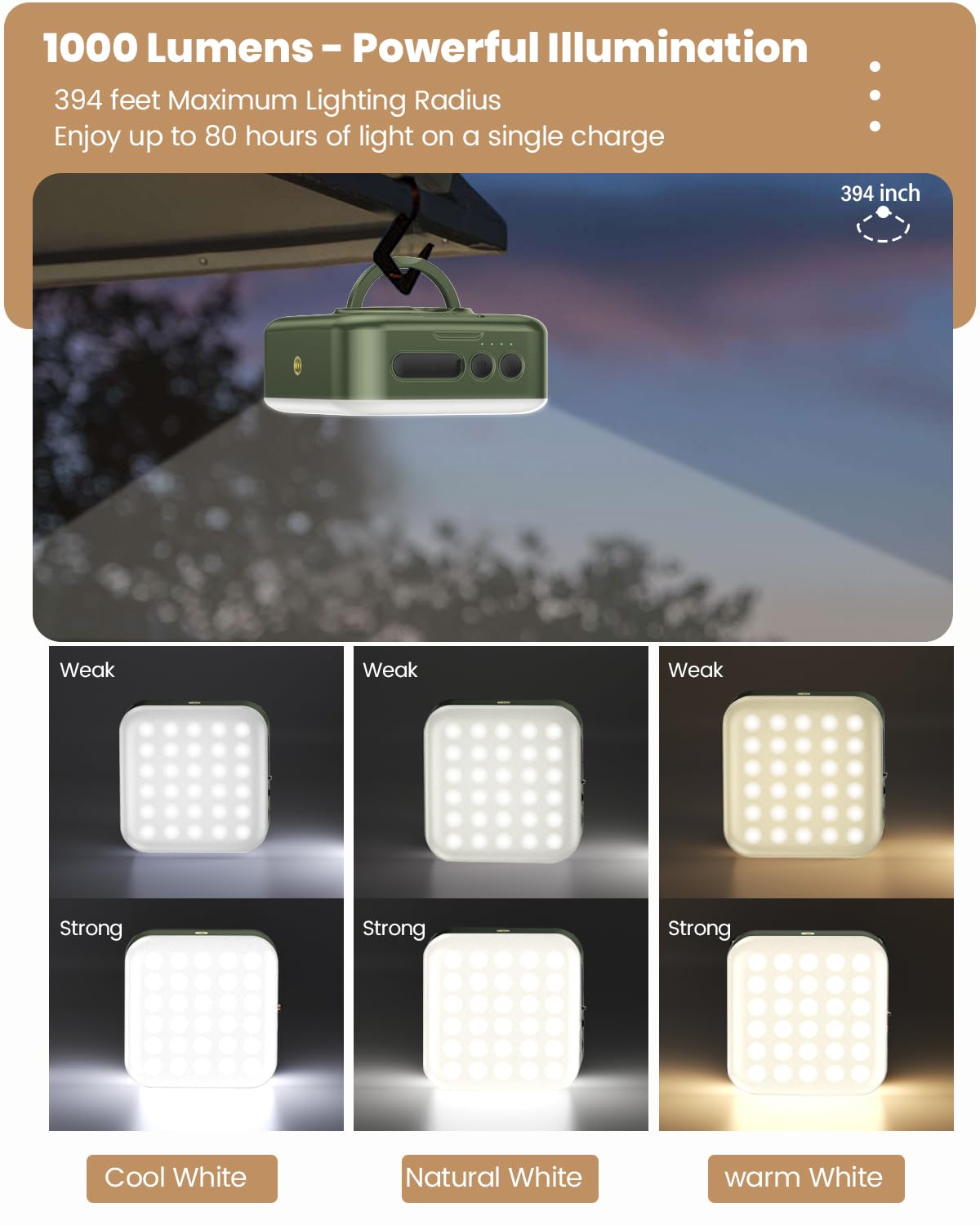 Solar Camping Lantern - 1000LM Collapsible LED Light with 5200mAh Battery, 5 Modes & IPX4 Waterproof - USB/Solar Rechargeable for Hiking, Emergency, Backpacking & Outdoor Adventures (Green)