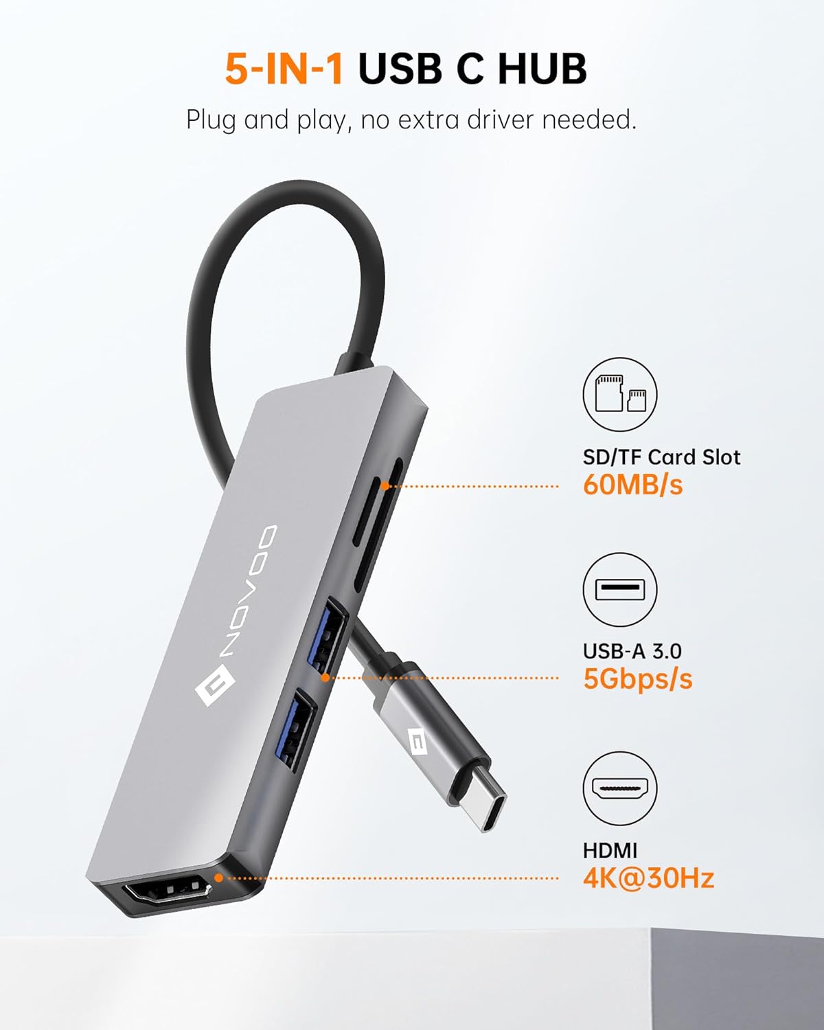 NOVOO 5-in-1 USB C Hub with HDMI, USB 3.0, SD/TF Card Reader - Portable Multi-Port Adapter for MacBook, Chromebook, iPad Pro - Perfect for Home Office, Travel & Video Conferencing