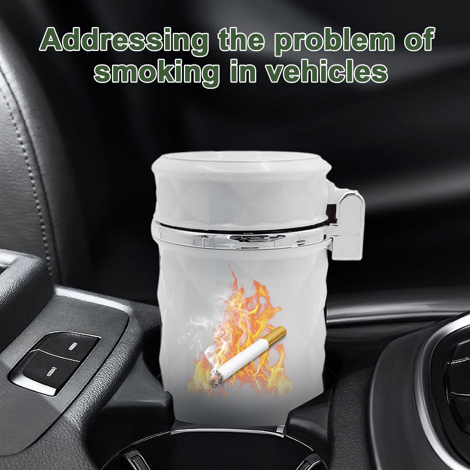 Portable Car Ashtray with Lid - Smokeless Stainless Steel Ash Tray with Blue LED Light | Mini Car Trash Can & Cup Holder Organizer | Universal Vehicle Interior Accessories for Travel, Camping & Road Trips (White)