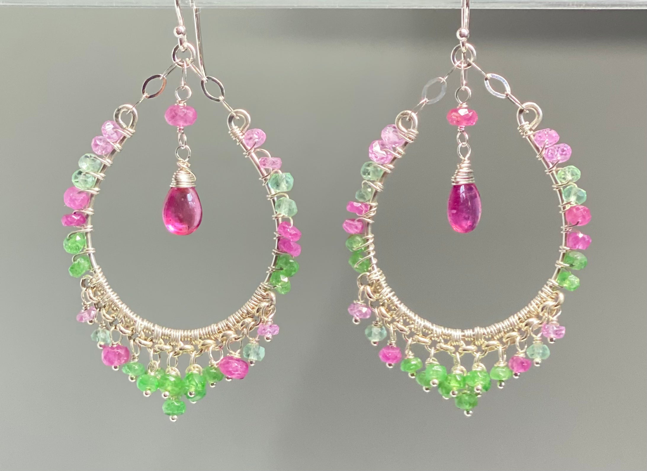14K Sterling Silver Pink Sapphire & Tsavorite Gemstone Hoop Earrings for Women – Elegant Dangling Earrings for Parties, Weddings & Everyday Wear