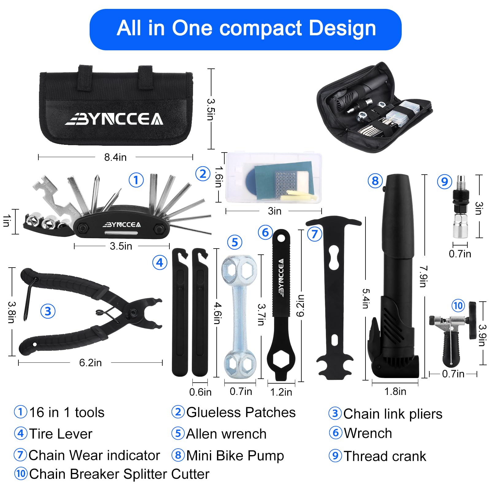 Bynccea Bike Tire Repair Kit with Hand Pump - Portable Bicycle Tire Patch Tools, All-in-One Bicycle Repair Bag with Tire Levers for Mountain & Road Bikes - Perfect for Cycling, Commuting & Outdoor Adventures