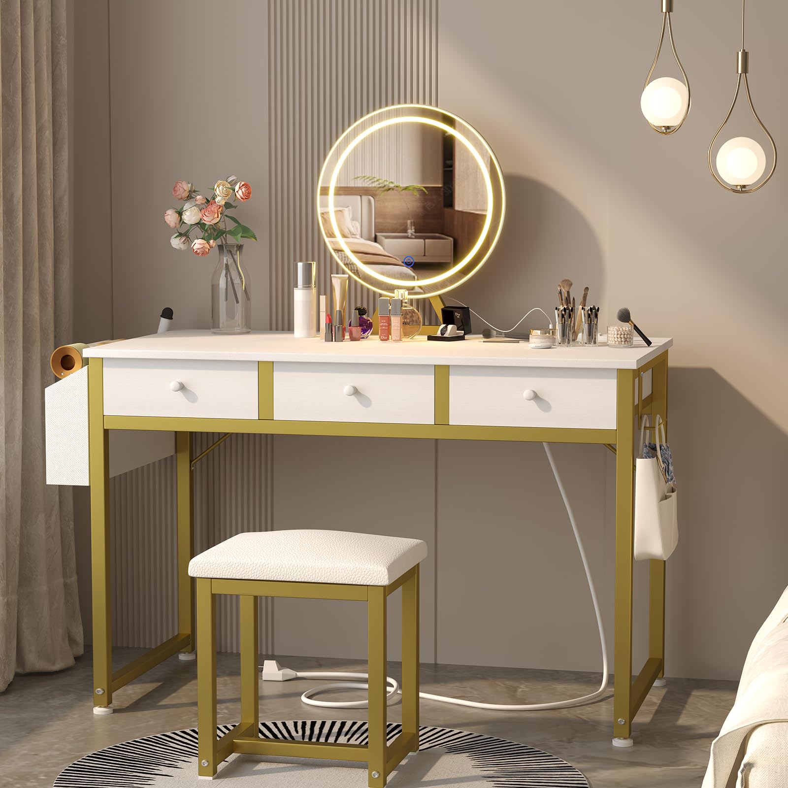Lufeiya 40 Inch White and Gold Makeup Vanity Desk Set with LED Lights, Mirror, Fabric Drawers & USB Charging Station - Dressing Table with Chair for Bedroom, Girls Room Decor - Perfect for Beauty Routines, Makeup Application and Home Organization