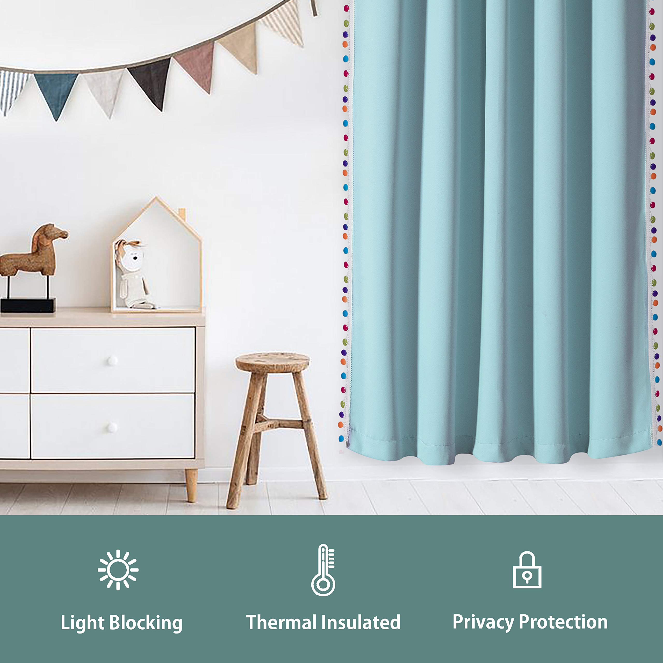 LORDTEX Thermal Insulated Noise Reducing Light Blocking Pom Pom Curtains for Kids Room - 52x95 Inch Seafoam Rod Pocket Window Drapes for Boys & Girls Bedroom (2 Panels) | Perfect for Nursery, Playroom & Children's Bedroom Decor