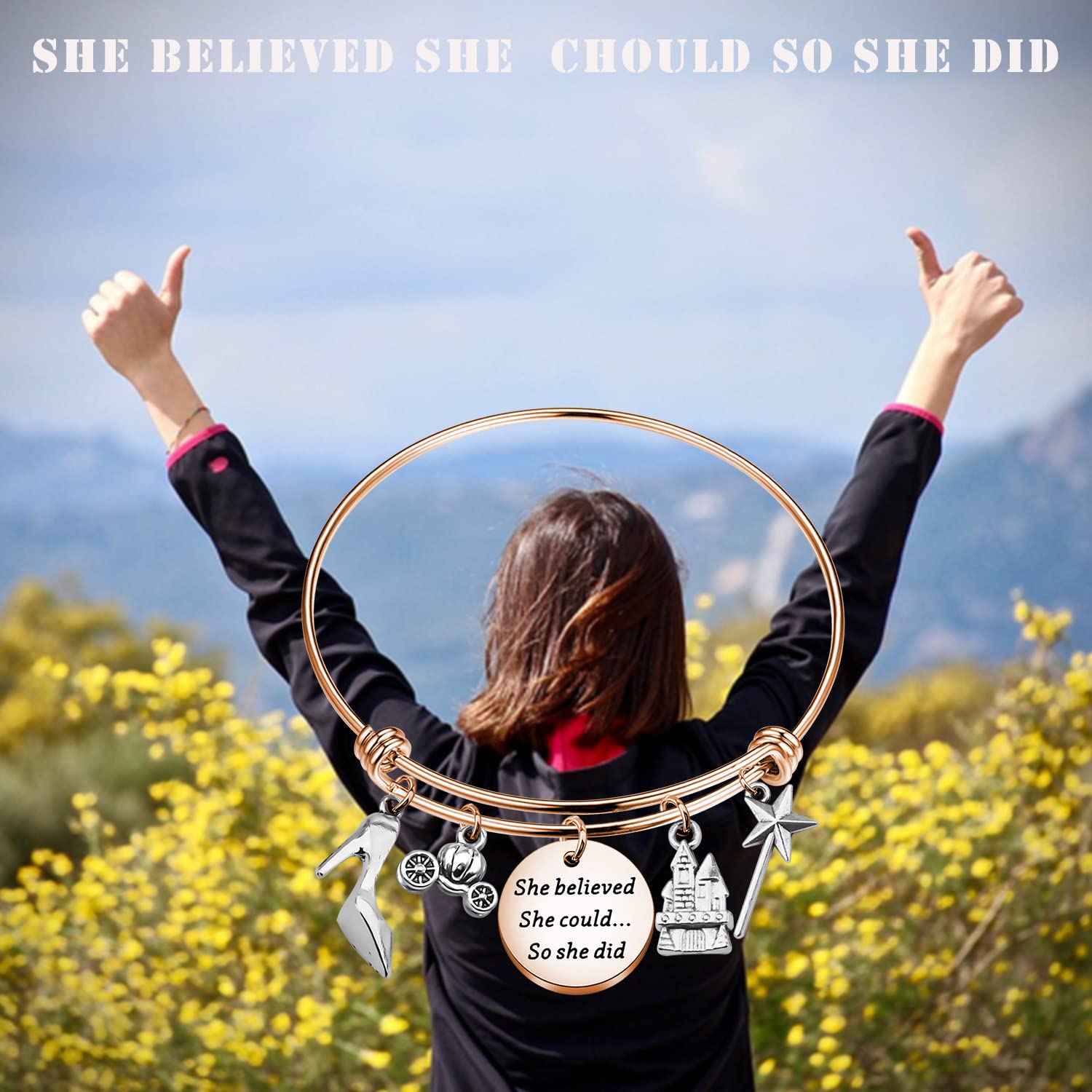 PLITI 'She Believed She Could So She Did' Inspirational Bracelet - Adjustable Stainless Steel Princess Jewelry Gift for Fairy Tale Fans, Best Friends & Women | Motivational Accessory for Daily Wear, Special Occasions & Gift Giving
