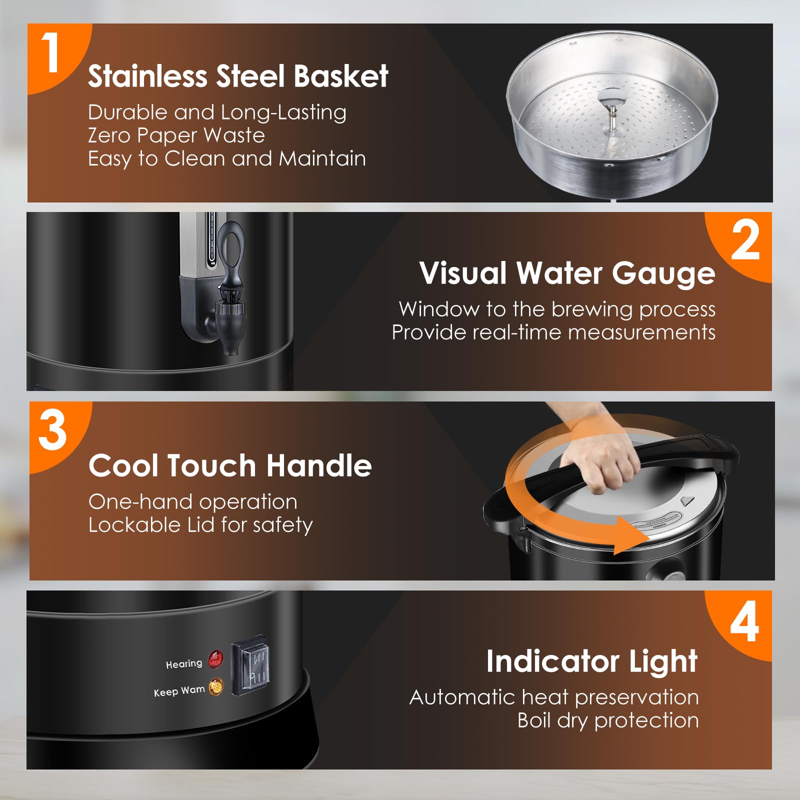 Commercial Stainless Steel Coffee Urn - 100 Cup (14.2L) Large Electric Coffee Dispenser with Double Wall Insulation for Quick Brewing | Perfect for Catering, Restaurants, Offices & Events | Hot Water Dispenser (Black)