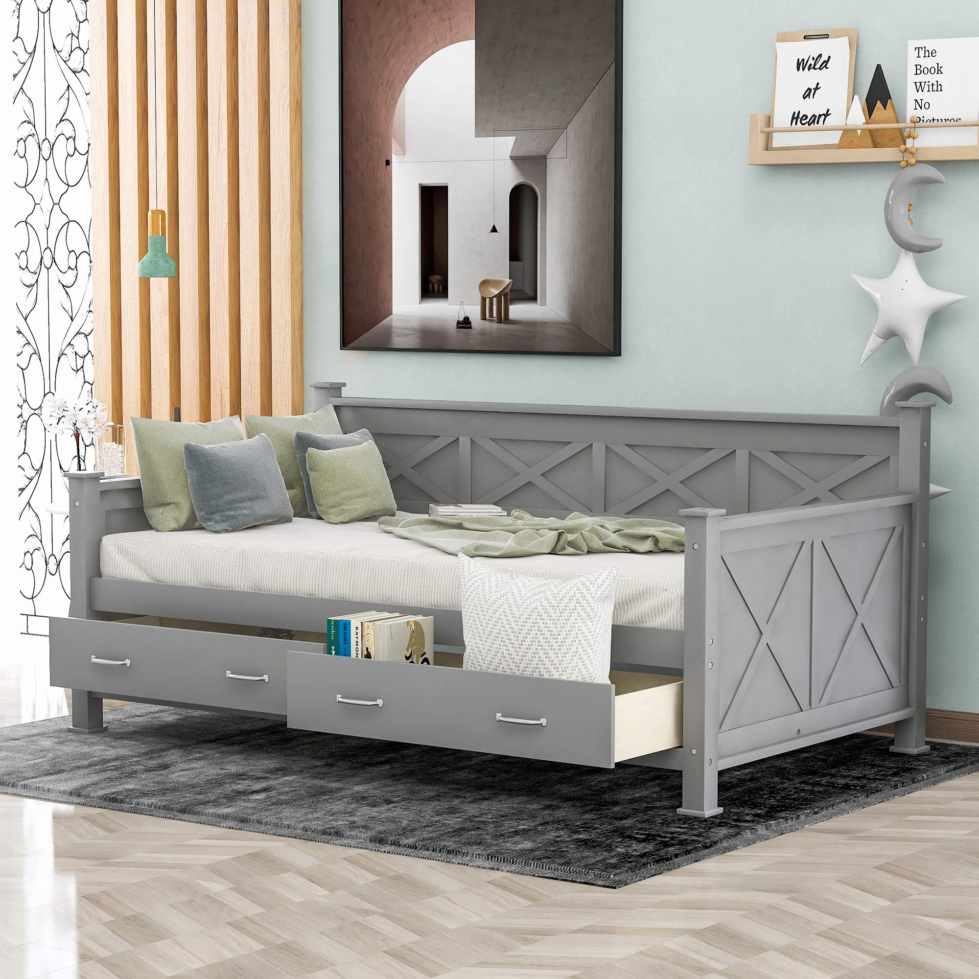 Twin Daybed with Storage Drawers, X-Frame Sofa Bed for Bedroom & Living Room - Grey
