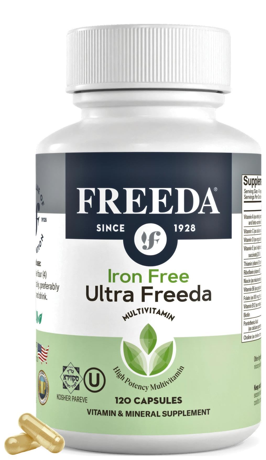 FREEDA Iron-Free Ultra Kosher Multivitamin Supplement for Women & Men - Daily Essential Vitamins for Adults - Supports Immune Health, Energy & Wellness - Perfect for Active Lifestyles & Overall Wellbeing, 120 Count