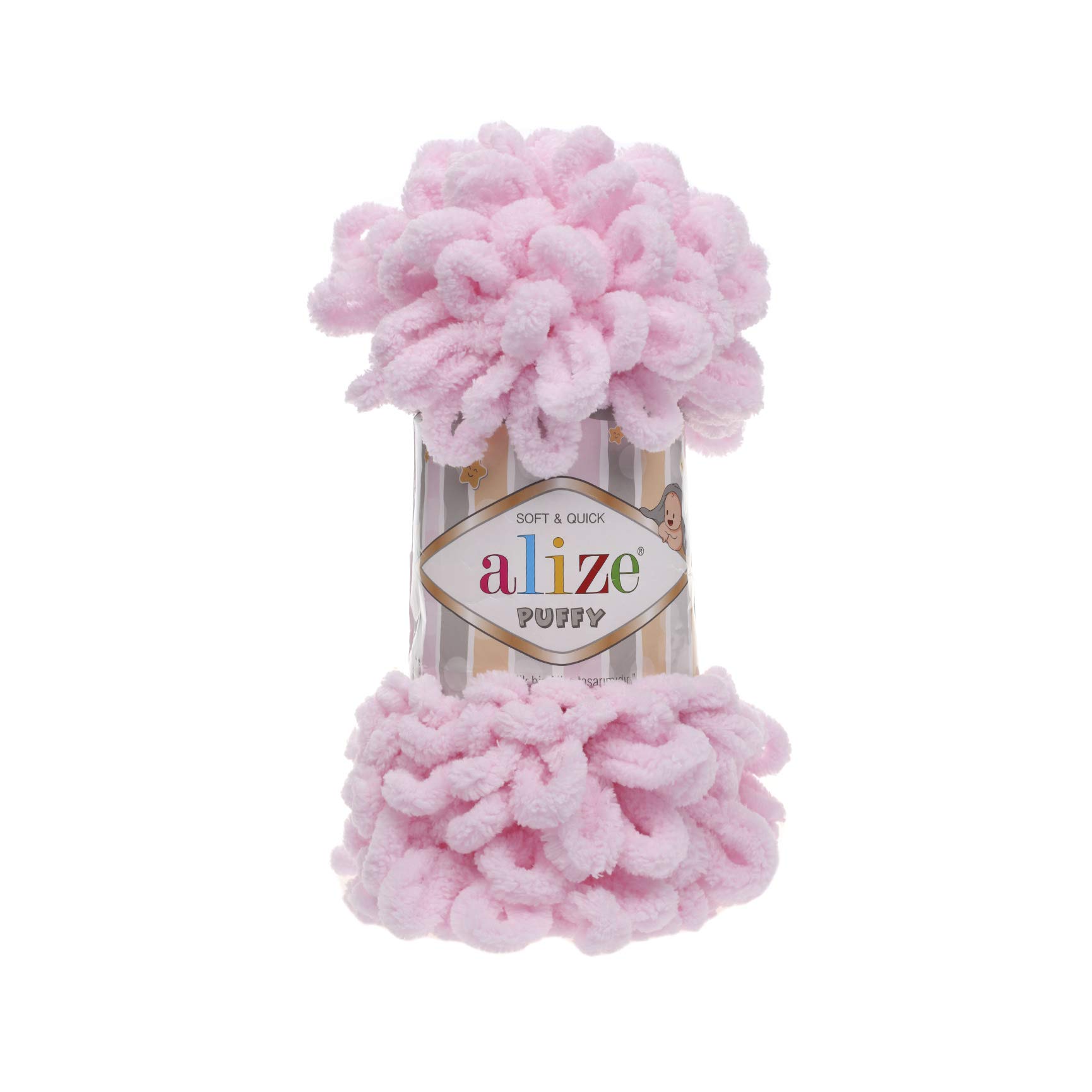 Alize Puffy Finger Loop Yarn - Soft Micropolyester Chenille Chunky Knitting Yarn for Handmade Blankets (No Needles Required) - Pre-Looped for Fast & Easy Knitting - Beginner Friendly Craft Yarn - 1 Skein (100g/31yd) - Baby Pink - Perfect for DIY Blankets, Scarves & Home Decor Projects