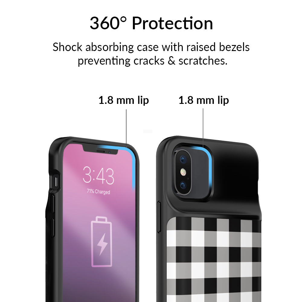 Black Gingham Pattern iPhone Charging Case - Slim Protective Phone Cover with Built-in Battery for iPhone 13/14/15 Pro Max - Perfect for Travel, Work & Everyday Use