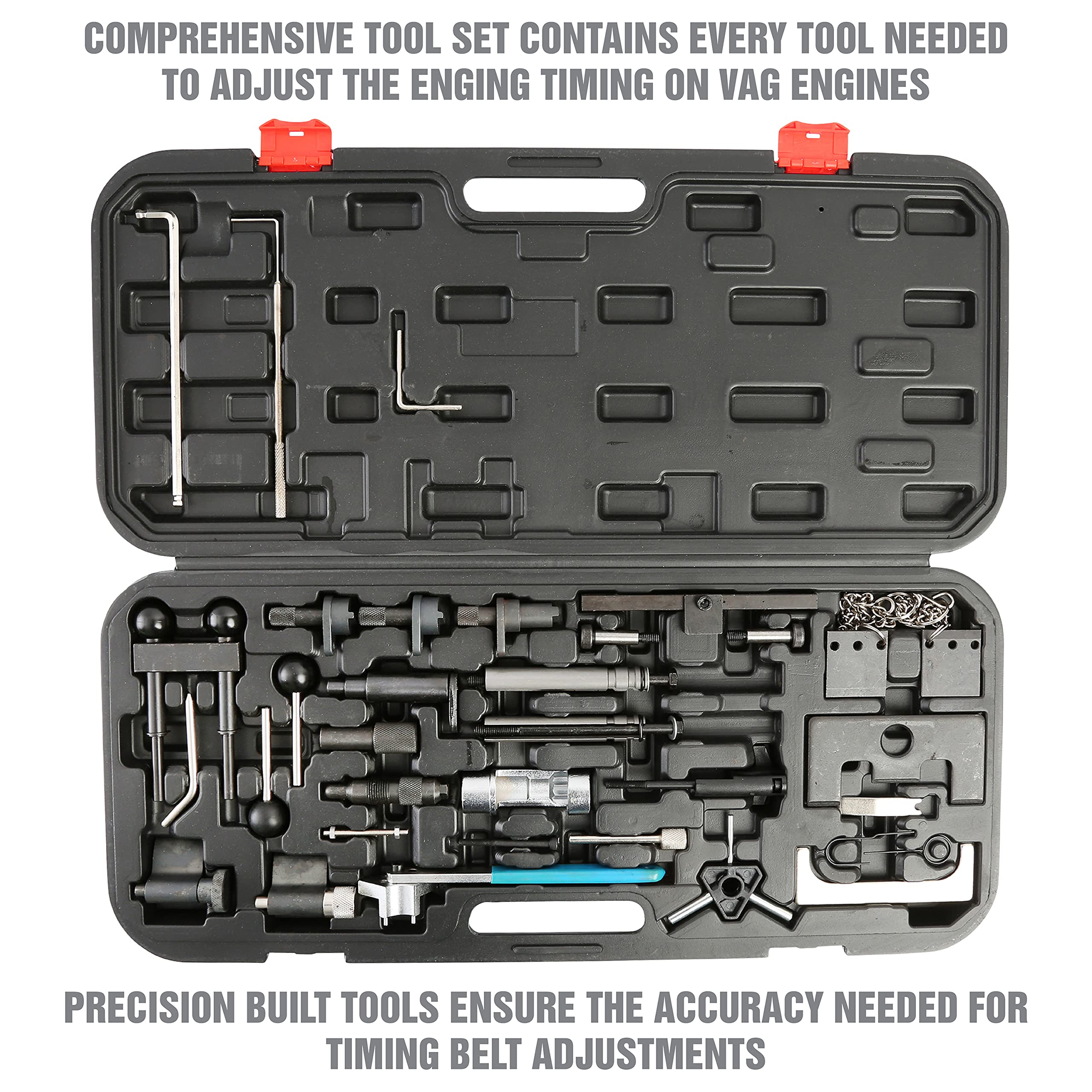 OEMTOOLS 27404 37-Piece Engine Timing Tool Kit for VW Audi VAG - Includes Belt Tensioner, Cam Pulley Holder & Camshaft Adjuster - Professional Automotive Repair Tool Set for Timing Belt Replacement & Engine Maintenance