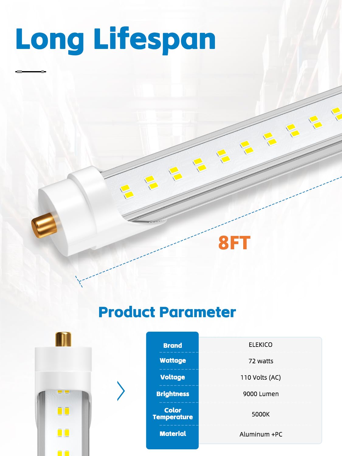 8FT LED Tube Lights - Super Bright 72W 9000lm 5000K Daylight, T8 T10 T12 LED Bulbs, FA8 Single Pin Base, Clear Cover - Energy Saving Replacement for Fluorescent Lights (Pack of 6) - Perfect for Garages, Warehouses & Office Lighting