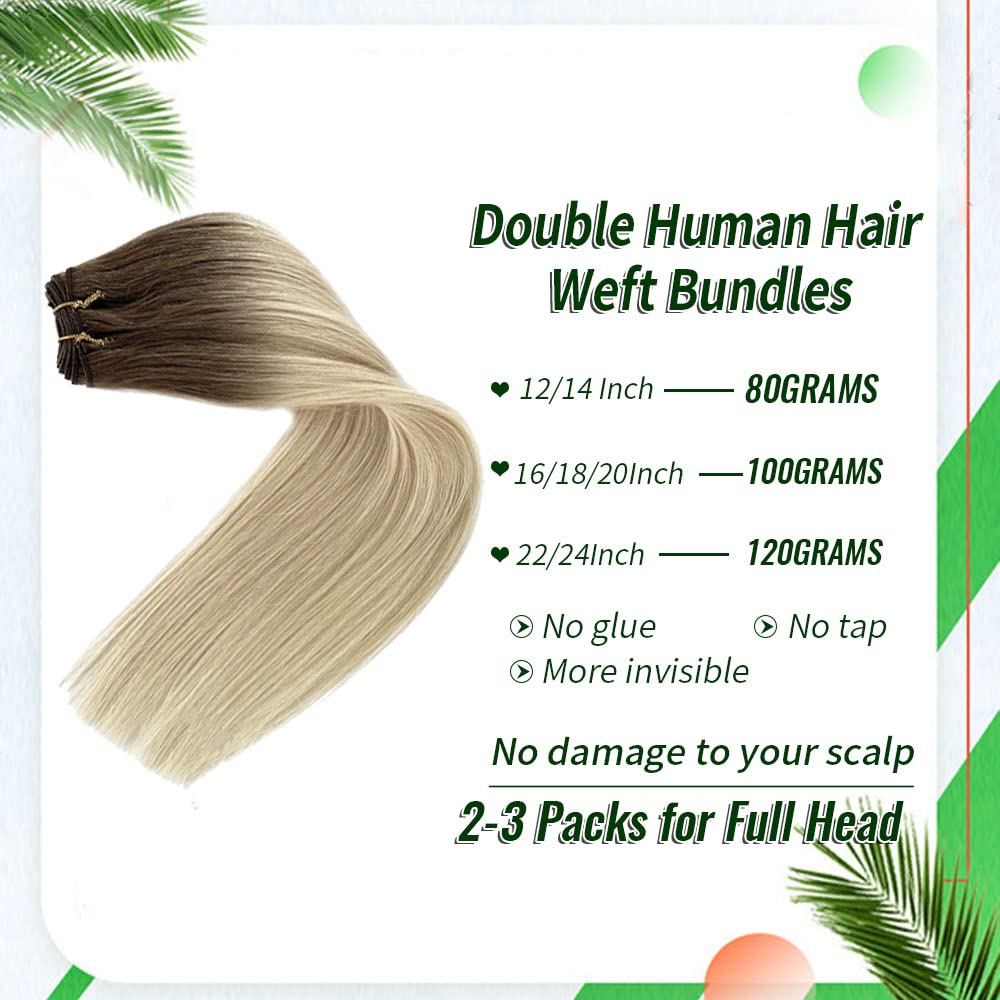 Ombre Sew in Hair Extensions 12inch 80g - Ash Brown to Platinum Blonde Highlights, 100% Real Human Remy Hair Weft Bundles for Natural Look | Perfect for Daily Wear, Parties & Special Occasions
