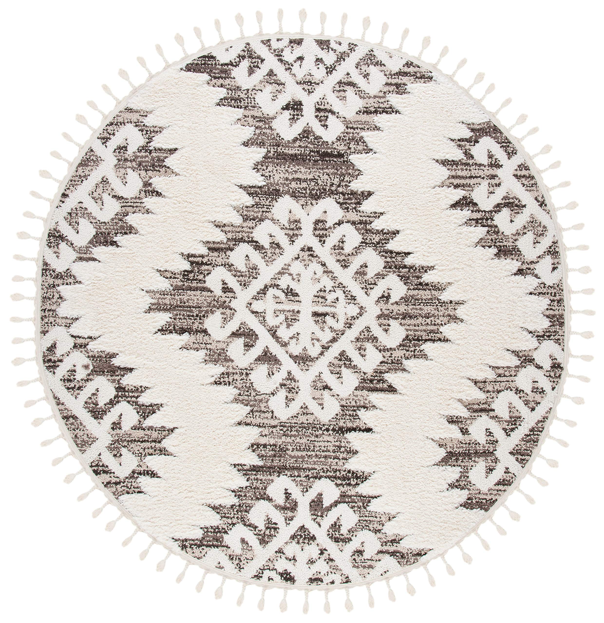 SAFAVIEH Moroccan Tassel Shag Collection 9' Round Ivory/Brown MTS652A Boho Non-Shedding Plush 2-inch Thick Area Rug for Living Room, Bedroom, Dining Room & Entryway - Soft & Durable Floor Decor for Cozy Home Spaces