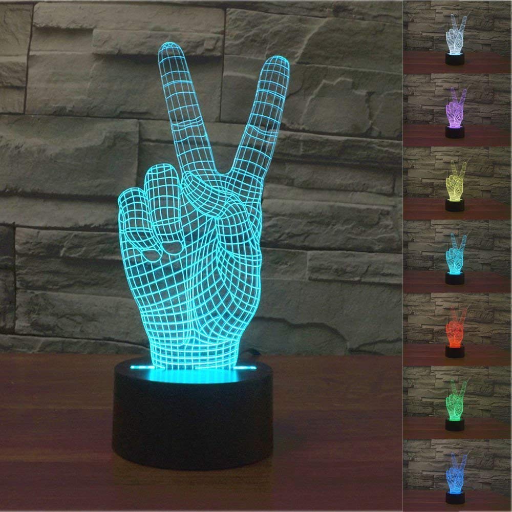 3D Victory Hand Sign Night Light - 7 Color Changing LED Illusion Lamp with Touch Switch, USB Powered Acrylic Table Desk Decor for Home, Office, Bedroom (Perfect for Parties, Gifts & Night Light)