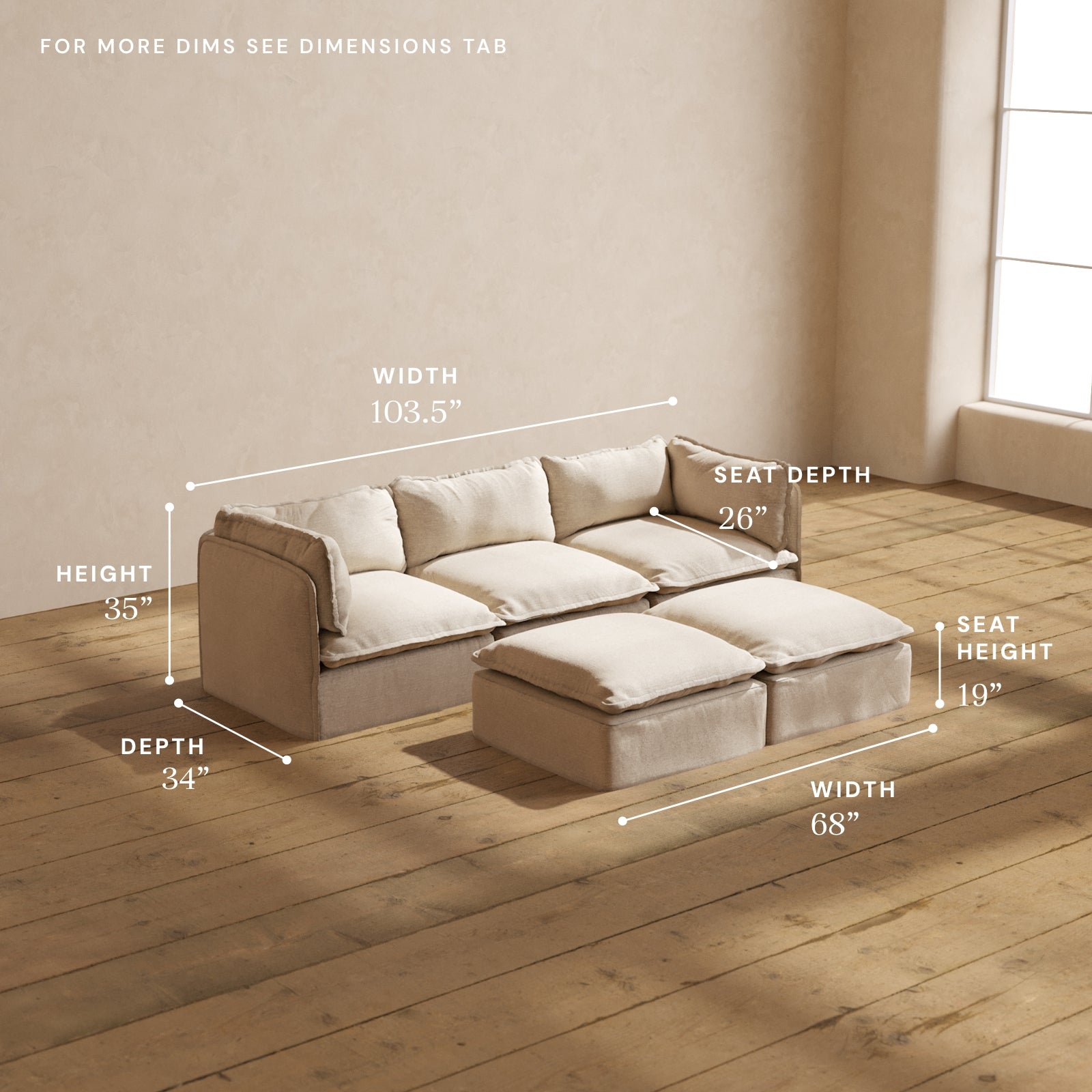 Modular Performance 3-Seater Sofa with Bench Ottoman in Oat Fabric | Modern Sectional Couch for Living Room, Lounge & Family Room | Comfortable L-Shaped Sofa Set for Relaxing and Entertaining