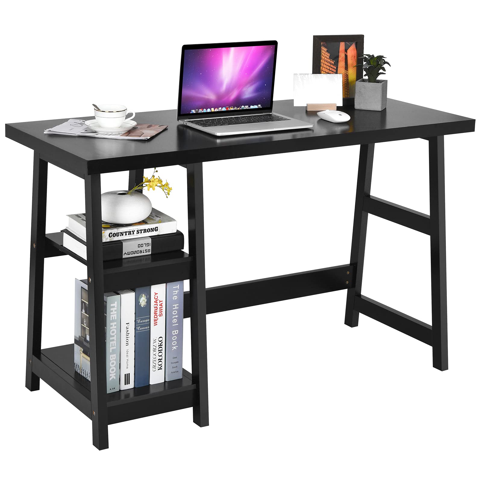 Tangkula Modern Computer Desk with Shelves - Sturdy Home Office Desk with Storage Shelf, Space-Saving Study Writing Desk for Small Spaces - Perfect for Bedroom, Dorm, or Workspace