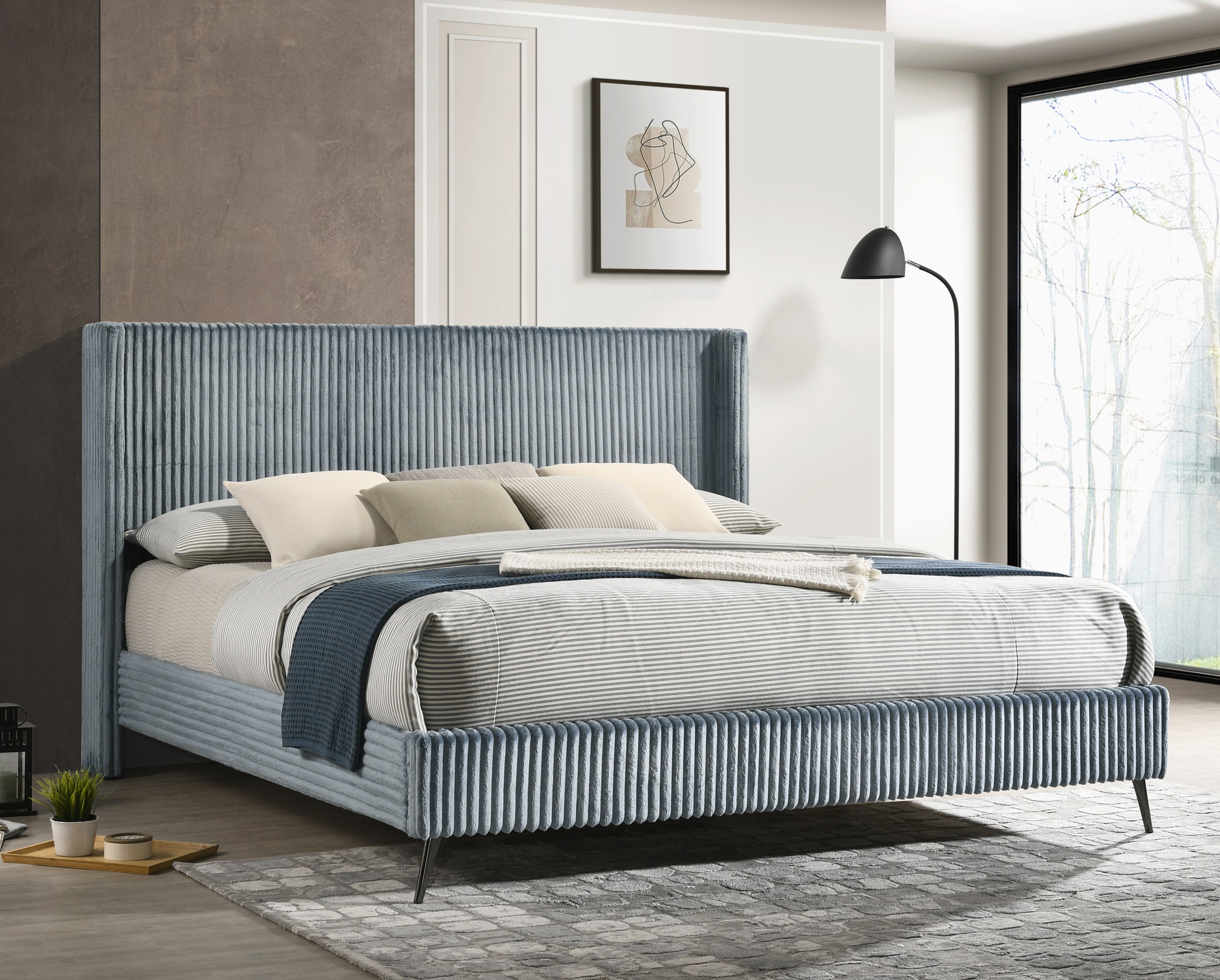 Roundhill Furniture Mavela Wide Wale Corduroy Upholstered Panel Bed with 2 Nightstands - Luxurious Bedroom Set for Modern Home Decor & Cozy Sleeping Experience