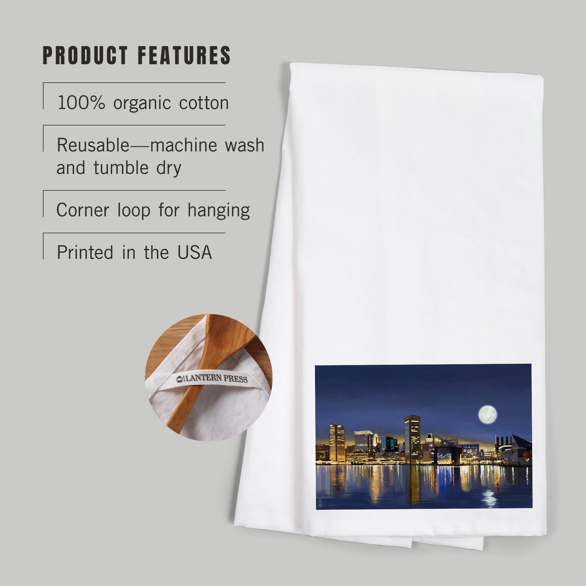 Lantern Press Baltimore Maryland Skyline at Night Tea Towel - 100% Cotton Decorative Hand Towel for Kitchen & Home Decor | Perfect for Dish Drying, Gift Giving & Coastal Themed Spaces