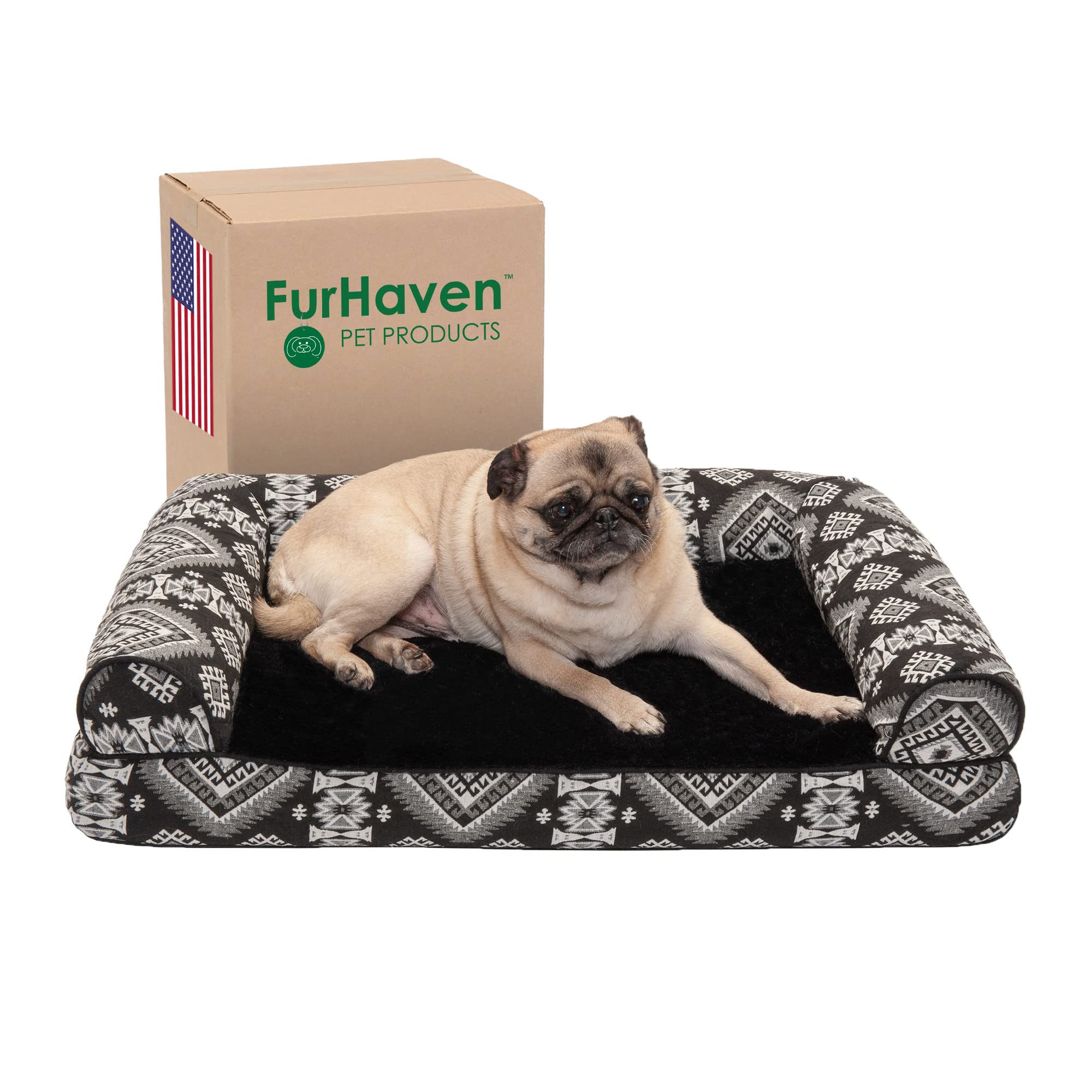 Furhaven Orthopedic Dog Bed for Small & Medium Dogs - Removable Bolsters & Washable Cover - Supports Up to 35 lbs - Plush Sofa Style with Southwest Kilim Woven Decor in Black Medallion - Perfect for Living Rooms, Bedrooms & Pet-Friendly Spaces