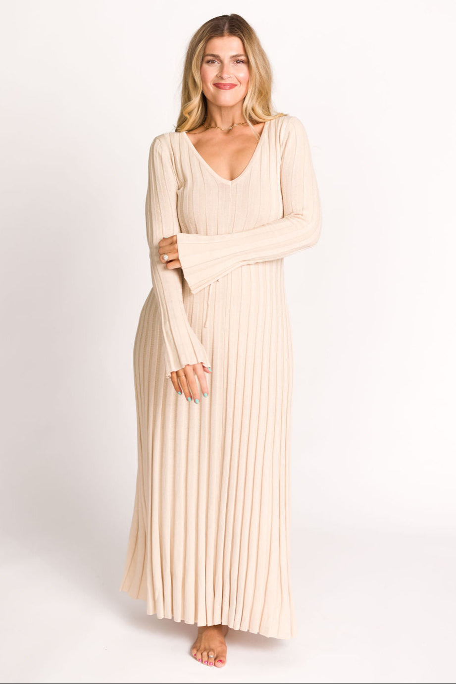 Hadley Long Sleeve V Neck Knit Maxi Dress in Cream Taupe - Elegant Women's Casual Maxi Dress for Fall & Winter, Perfect for Office, Date Night and Holiday Parties