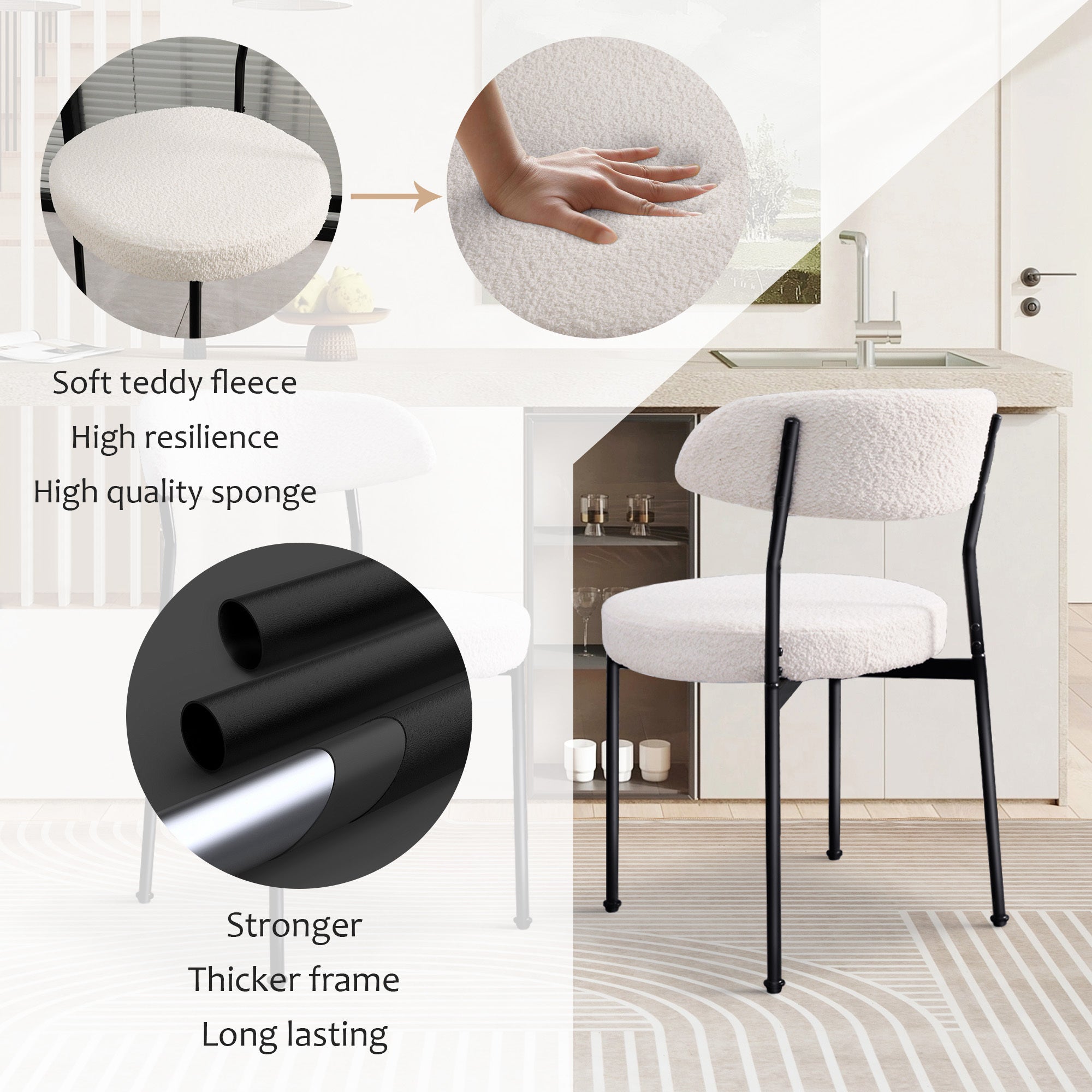 Boucle Upholstered Dining Chairs Set of 2 - Modern Curved Backrest & Sturdy Metal Legs, Beige Velvet Fabric for Dining Room, Kitchen, or Home Office