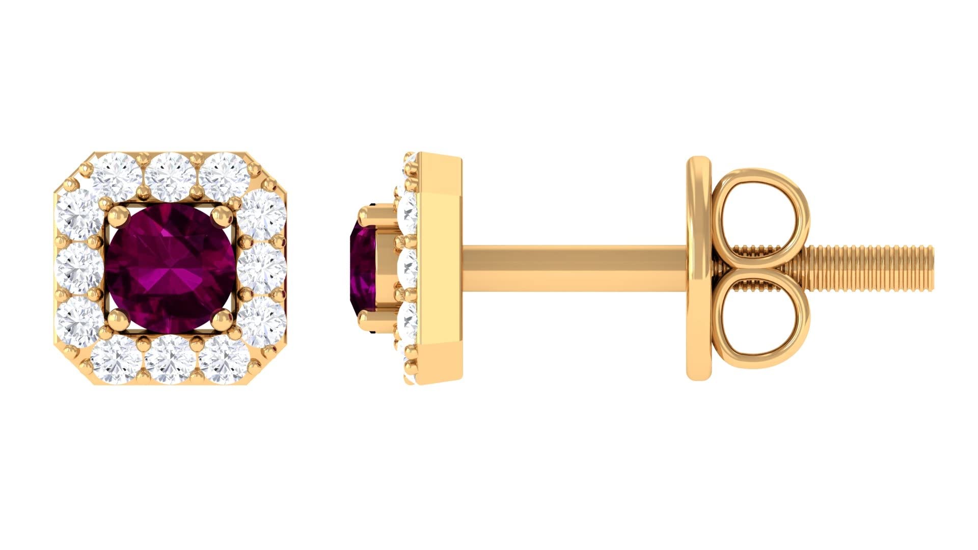 1/4 CT Rhodolite Stud Earrings with Diamond Accent - 14K Solid Gold Vintage Earrings for Women | Elegant Gift for Anniversary, Birthday & Special Occasions