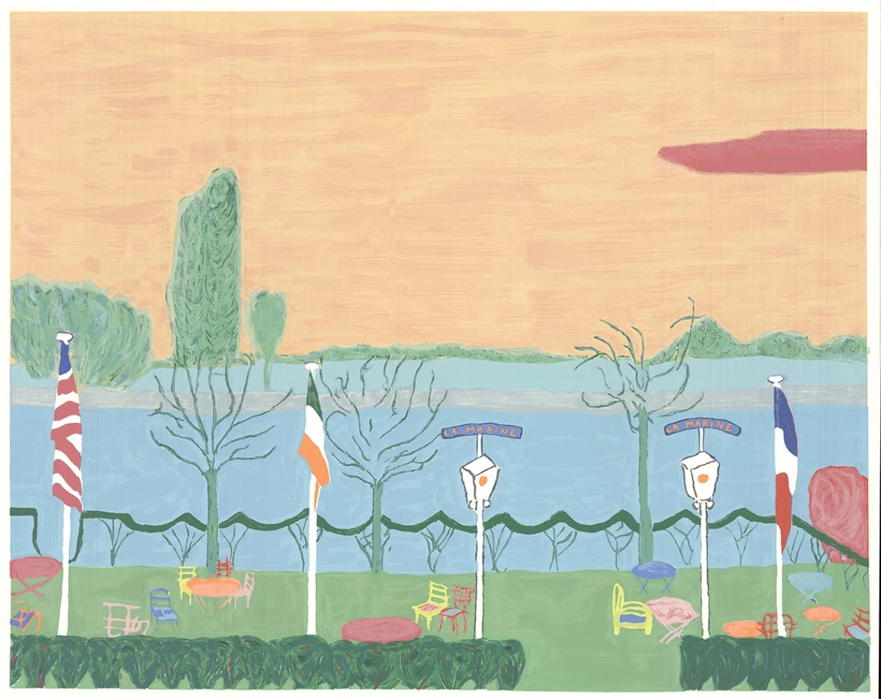 La Marine 23x28.75 Inch Serigraph 1985 Folk Art Print - Multicolor Nautical Marina Harbor Scene with Flags - Vintage Silkscreen Wall Art for Coastal Home Decor & Office