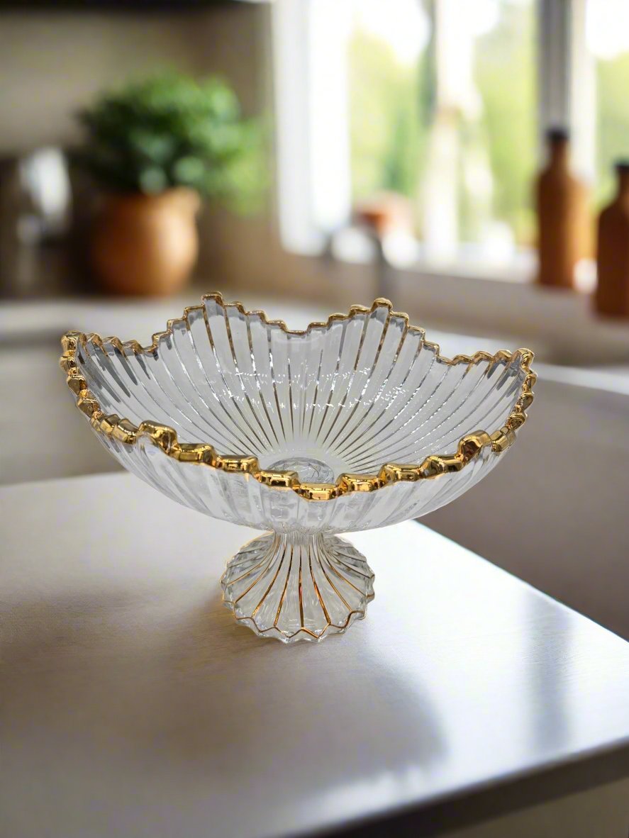 11.5x7.5 Inch Gold Rim Footed Glass Bowl - Elegant Serving Bowl for Parties, Desserts, Salads & Home Decor