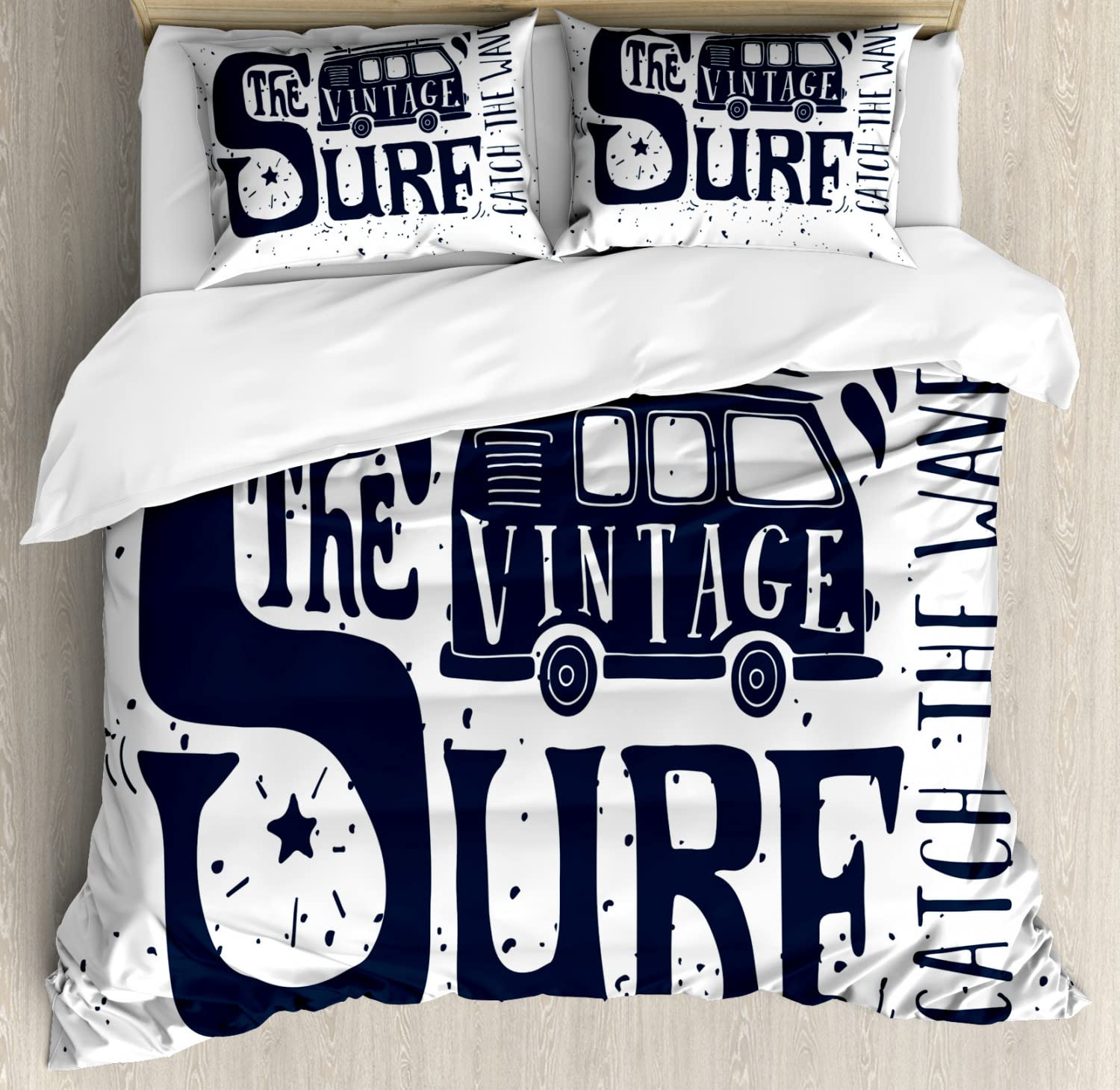 Ambesonne Vintage Surf Beach Duvet Cover Set - King Size 2-Pack with 2 Duvet Covers & 4 Pillowcases, Dark Blue and White Wave Typography Design - Perfect for Coastal Bedroom Decor and Surf Lover's Home