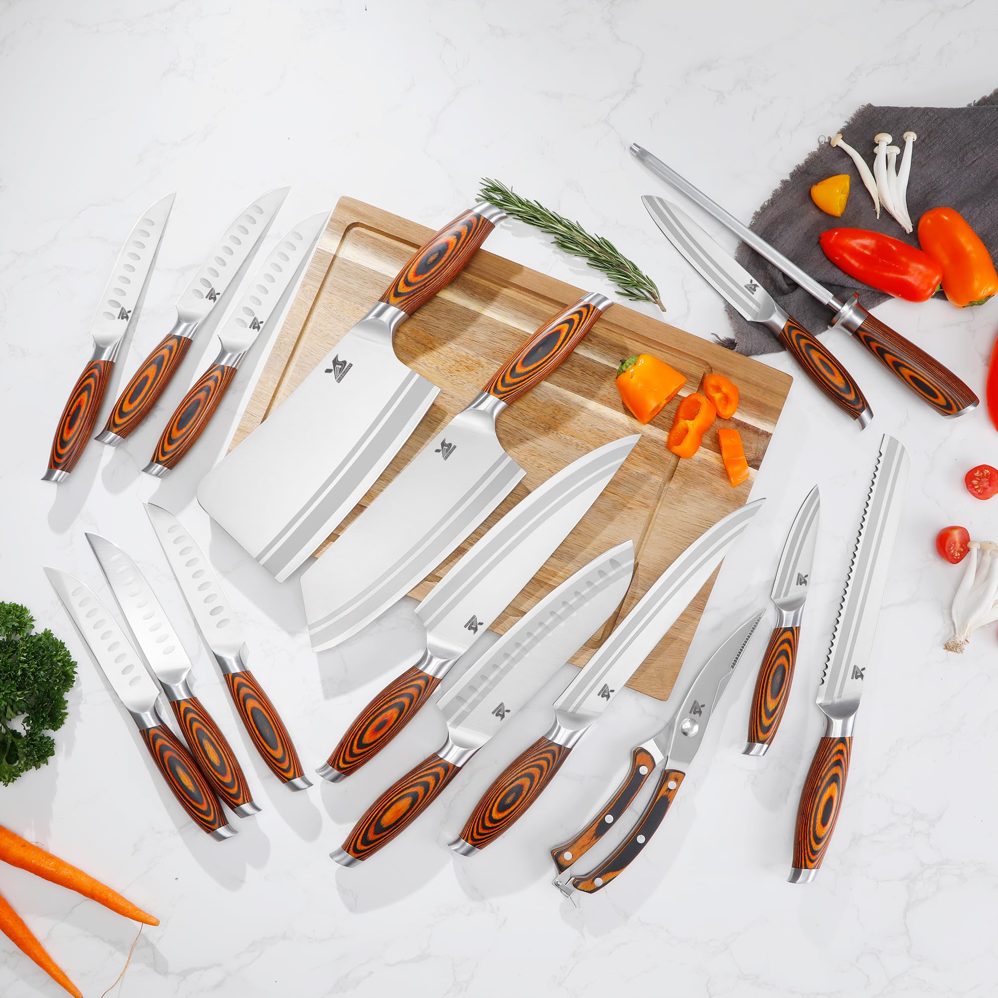 MSY BIGSUNNY 17-Piece German Steel Knife Set with Wooden Block - Professional Kitchen Cutlery Set for Chefs & Home Cooking - Perfect Gift for Weddings & Housewarming