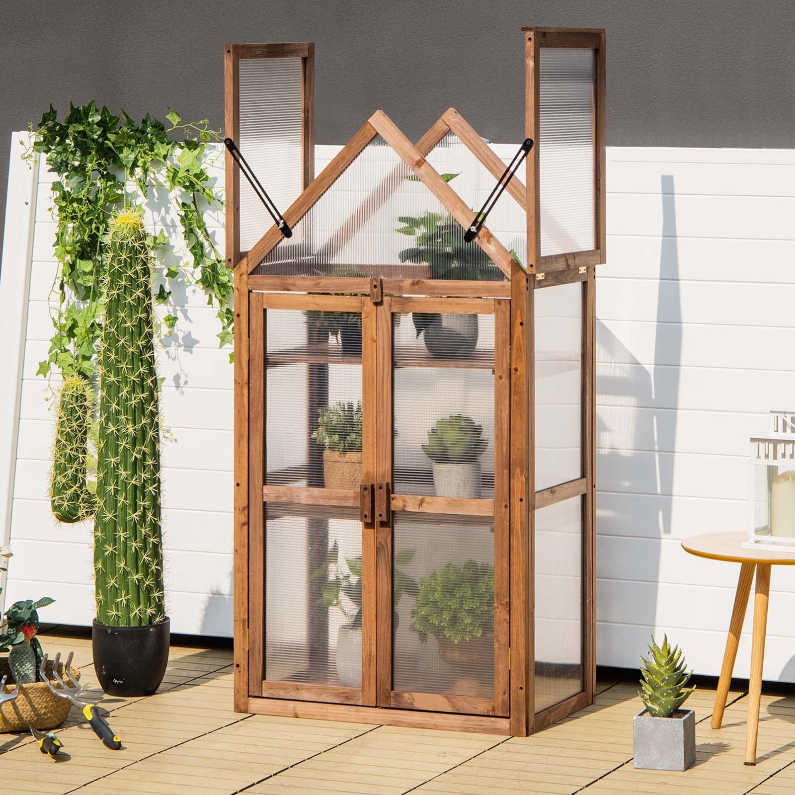 Giantex 3-Tier Portable Wooden Mini Greenhouse with Transparent Flip-Top Roof - Indoor Outdoor Garden Cold Frame, Raised Flower Planter for Patio, Balcony & Backyard - Perfect for Seed Starting, Plant Protection & Year-Round Gardening
