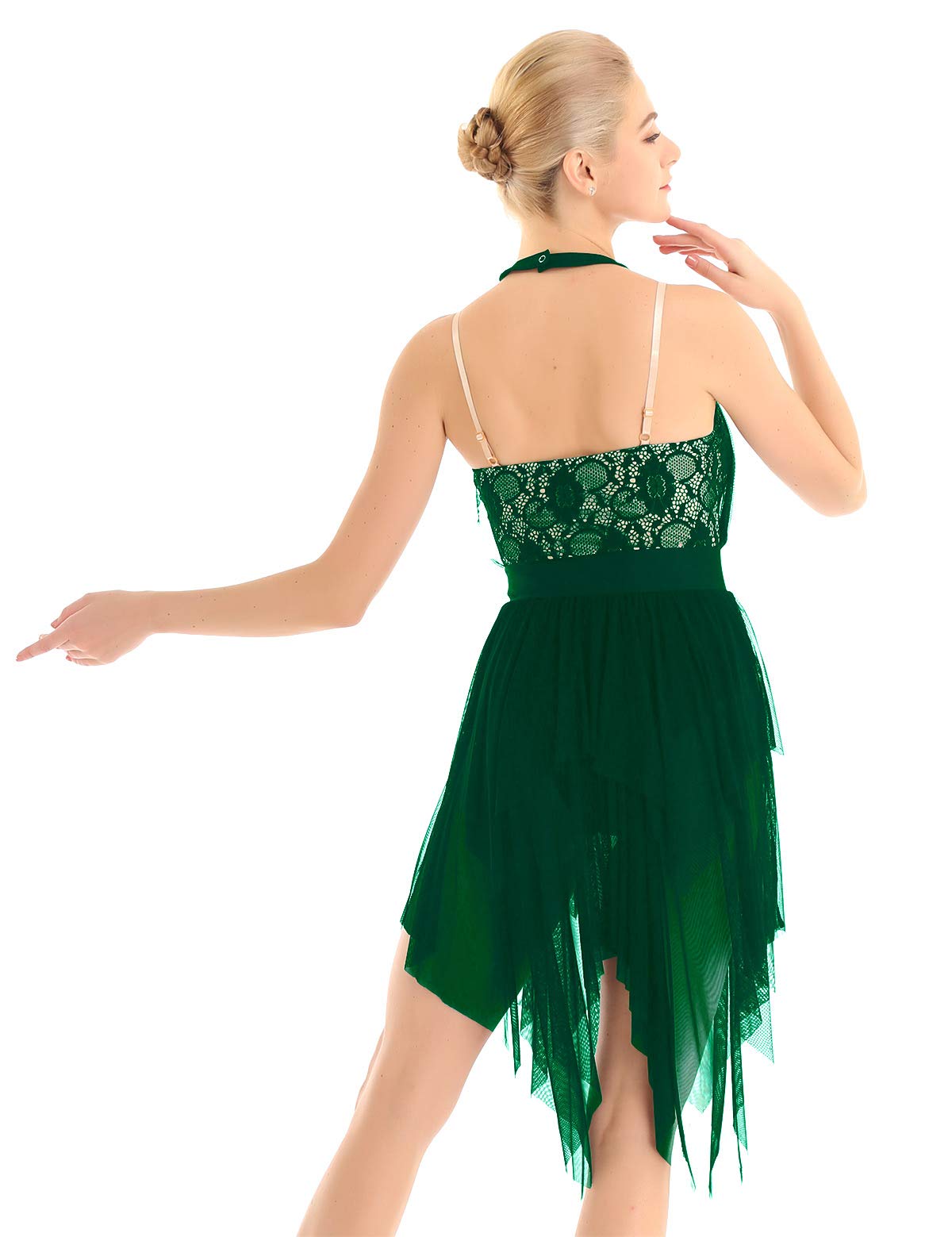 Elegant Women's Lyrical Dance Asymmetric Dress - Halter Neck Mesh Sheer Figure Skating Costume with Flowy Skirt | Perfect for Ballet, Ice Skating & Stage Performances