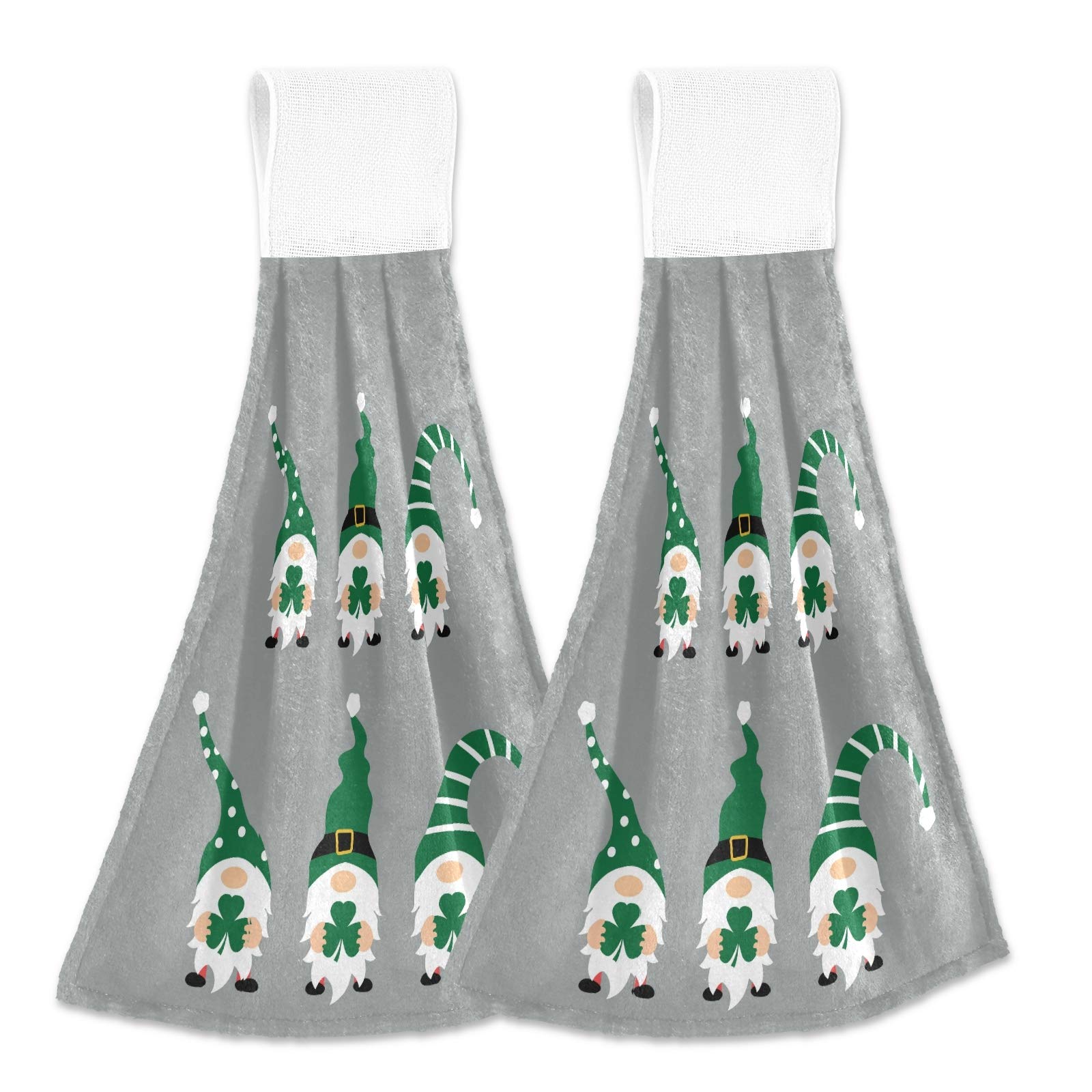 2 Pack Shamrock Gnomes Hanging Kitchen Towels - St Patrick's Day Decor, Soft Coral Velvet Hand Towels with Loops for Bathroom, Kitchen & Dish Drying - Absorbent & Decorative Tie Towels for Holiday Home Decor