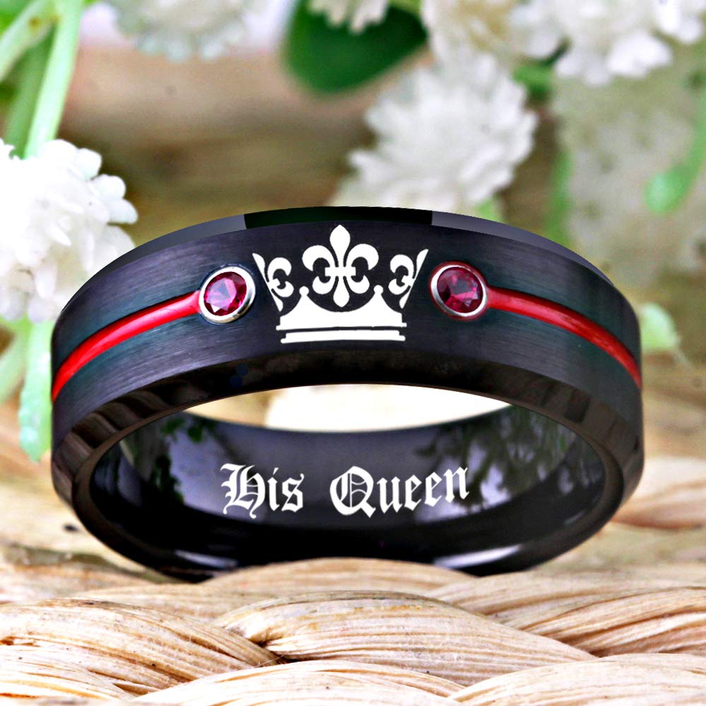 Custom Engraved His & Hers Tungsten Carbide Wedding Bands - Matching Black Promise Rings with White CZ Stones for Couples | Anniversary, Engagement, and Wedding Jewelry Gift