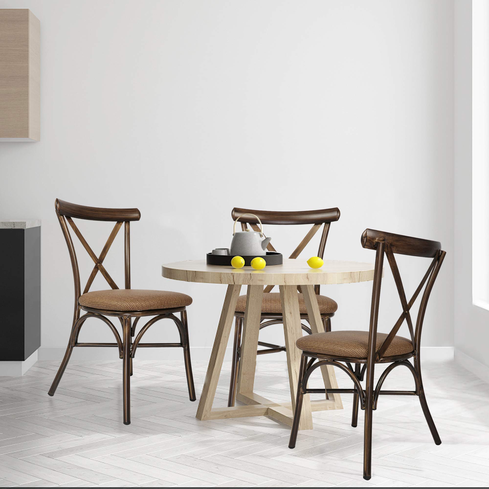 LUCKYERMORE 2-Piece Upholstered Dining Chair Set - Sturdy PU Leather Kitchen Chairs with X-Shape Back & Aluminum Frame - Modern Indoor/Outdoor Dining Room Chairs with Brown Cushion - Perfect for Kitchen, Dining Room, Patio or Outdoor Entertaining